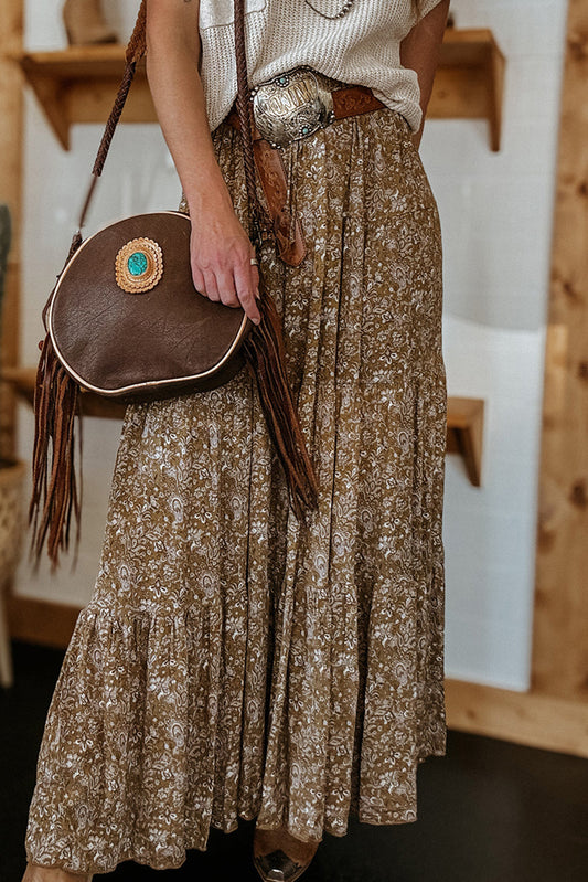 Brown Western Floral Print Ruffled Hem High Waist Loose Maxi Skirt-Bottoms/Skirts & Petticoat-[Adult]-[Female]-Brown-S-2022 Online Blue Zone Planet