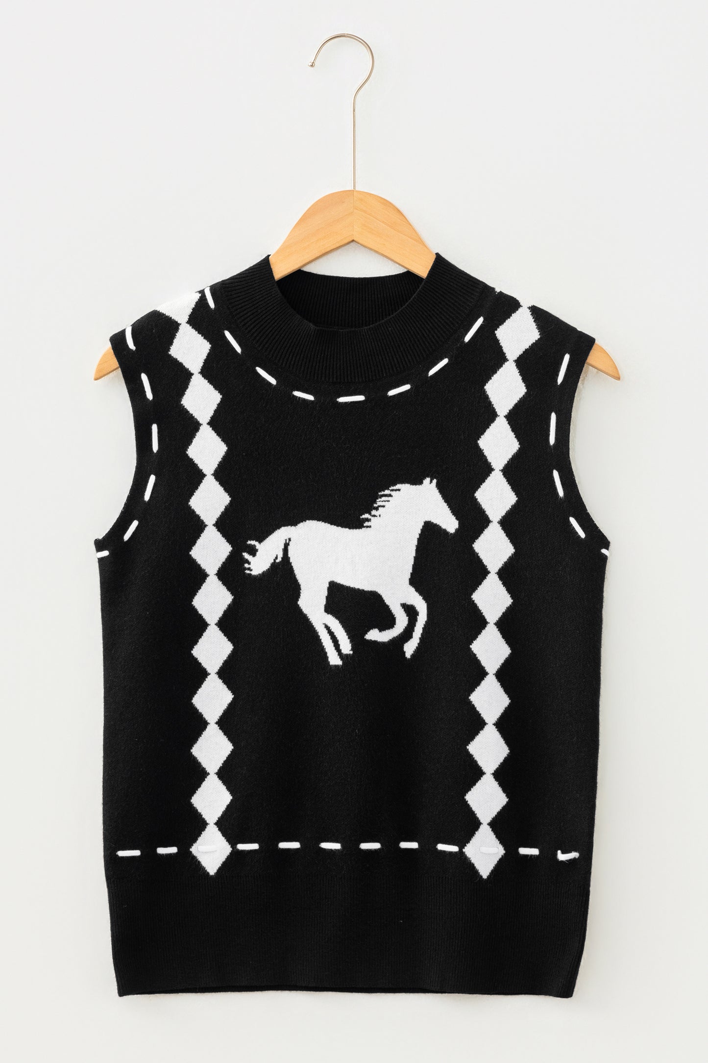Black Western Horse Geometric Print Mock Neck Sweater Vest-Sweaters & Cardigans/Sweater Vests-[Adult]-[Female]-2022 Online Blue Zone Planet