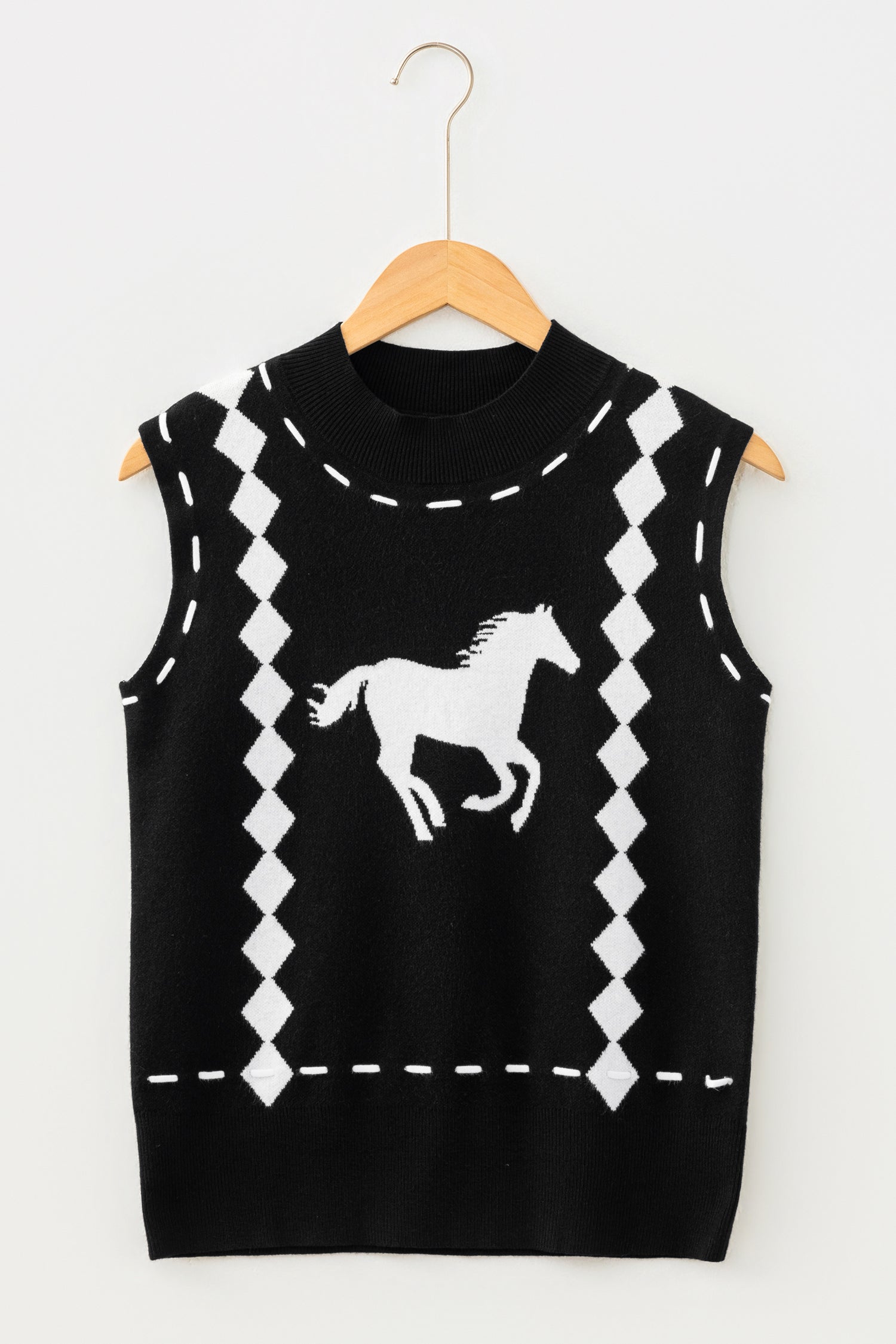 Black Western Horse Geometric Print Mock Neck Sweater Vest-Sweaters & Cardigans/Sweater Vests-[Adult]-[Female]-2022 Online Blue Zone Planet