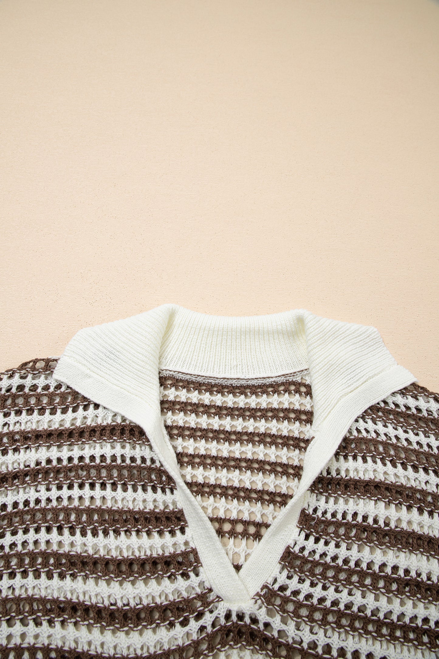 Brown Stripe Eyelet Hollow-out Contrast Collared Pullover Chic Sweater-TOPS / DRESSES-[Adult]-[Female]-2022 Online Blue Zone Planet