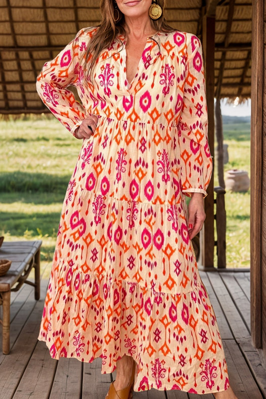 Tiered Printed Notched Long Sleeve Midi Dress-TOPS / DRESSES-[Adult]-[Female]-Sherbet-S-2022 Online Blue Zone Planet