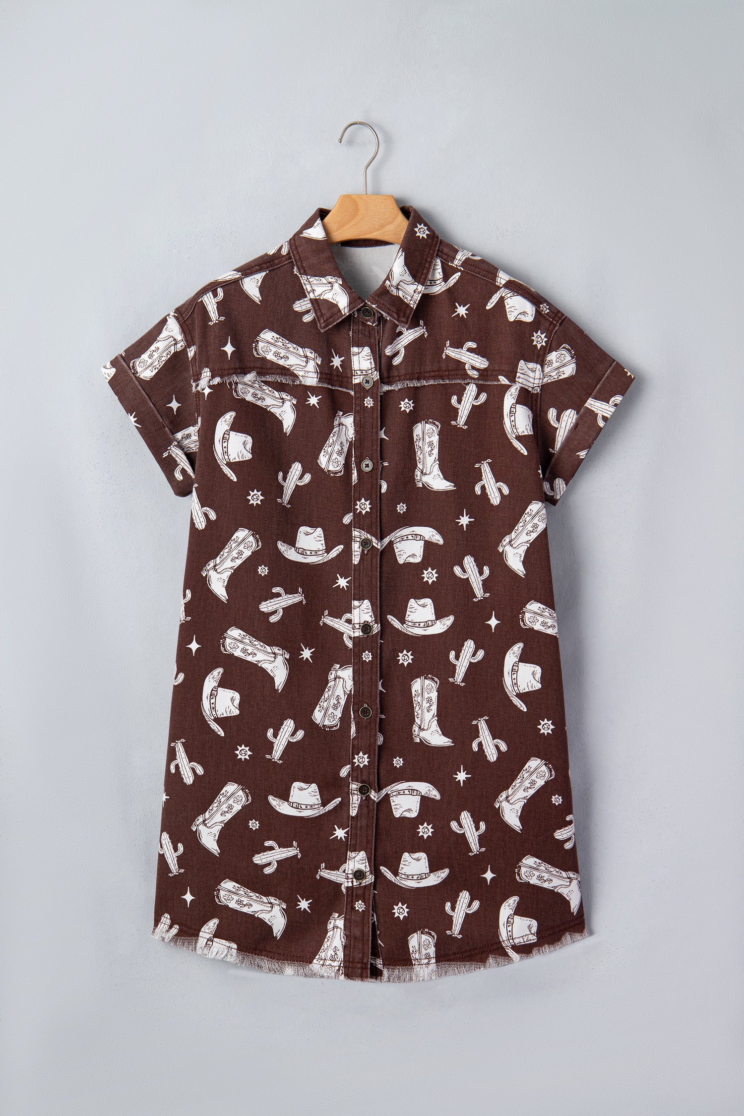 Brown Cowgirl Hats Boots Cactus Print Raw Edge Button Down Short Denim Dress-TOPS / DRESSES-[Adult]-[Female]-2022 Online Blue Zone Planet