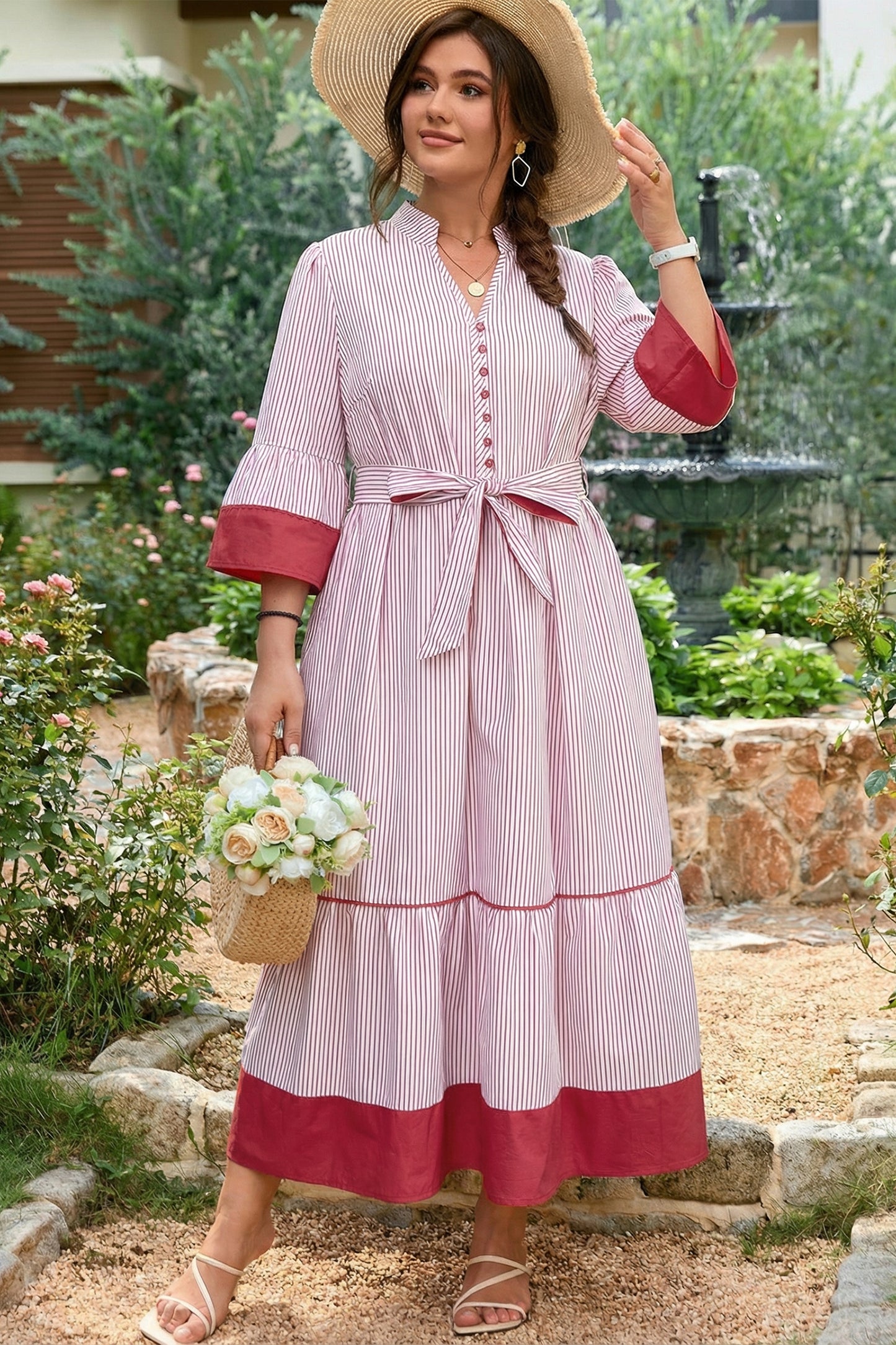 Red Stripe Plus Size Ruffled Hem Pinstriped Midi Dress-TOPS / DRESSES-[Adult]-[Female]-2022 Online Blue Zone Planet