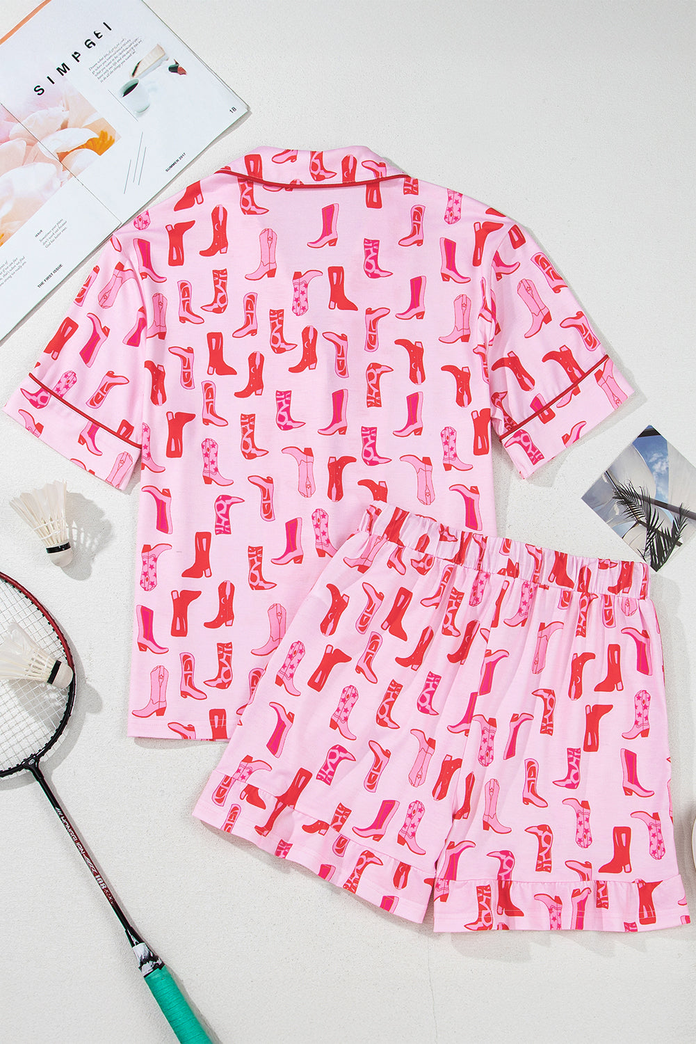 Pink Western Cowgirl Boots Printed Shirt Ruffled Shorts Pajama Set-Loungewear & Sleepwear/Sleepwear-[Adult]-[Female]-2022 Online Blue Zone Planet