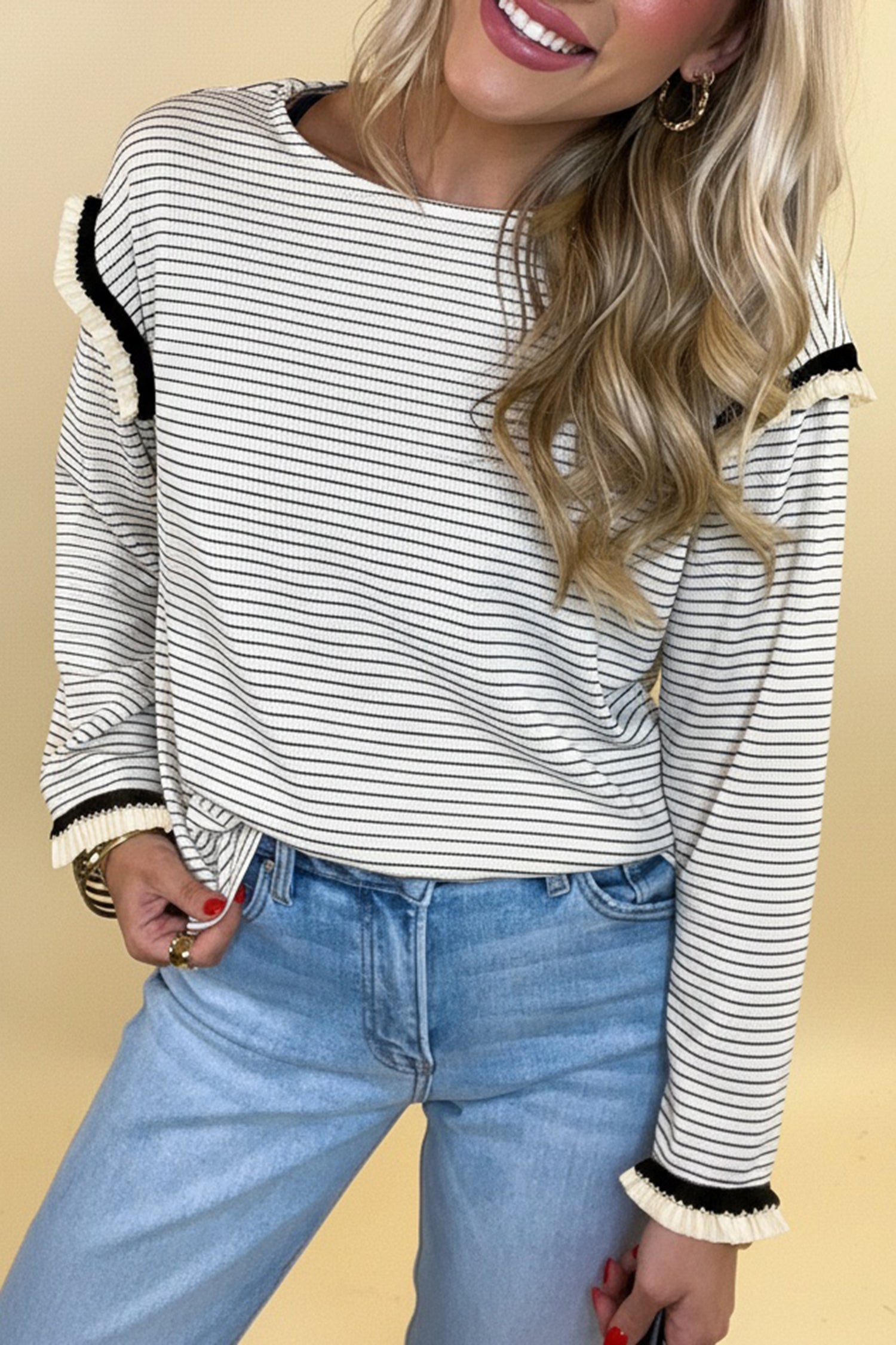 White Stripe Contrasted Ruffle Trim Loose Long Sleeve Top-Tops/Long Sleeve Tops-[Adult]-[Female]-White Stripe-S-2022 Online Blue Zone Planet