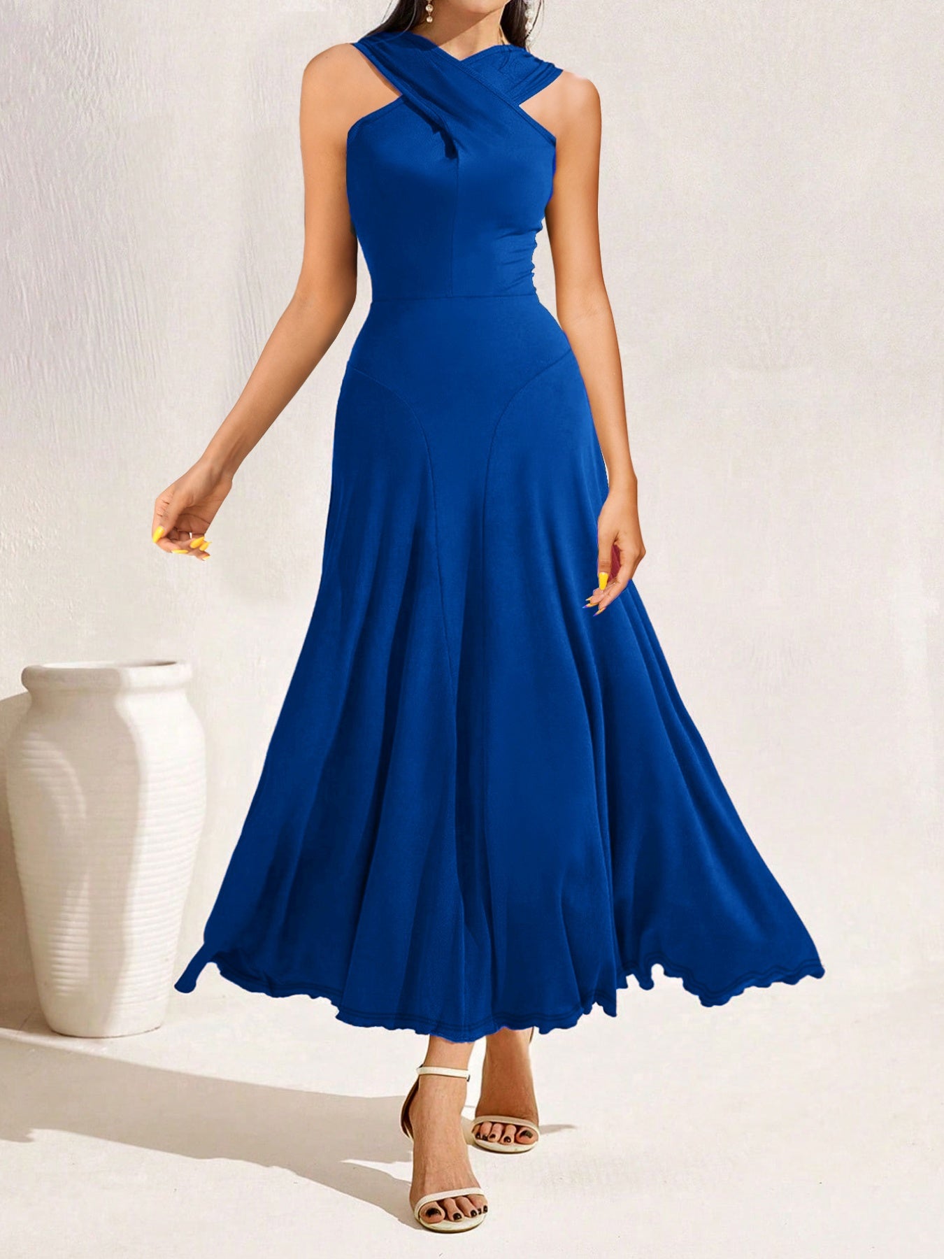Crisscross Halter Neck A-Line Midi Dress Blue Zone Planet Crisscross Halter Neck A-Line Midi Dress Blue Zone Planet