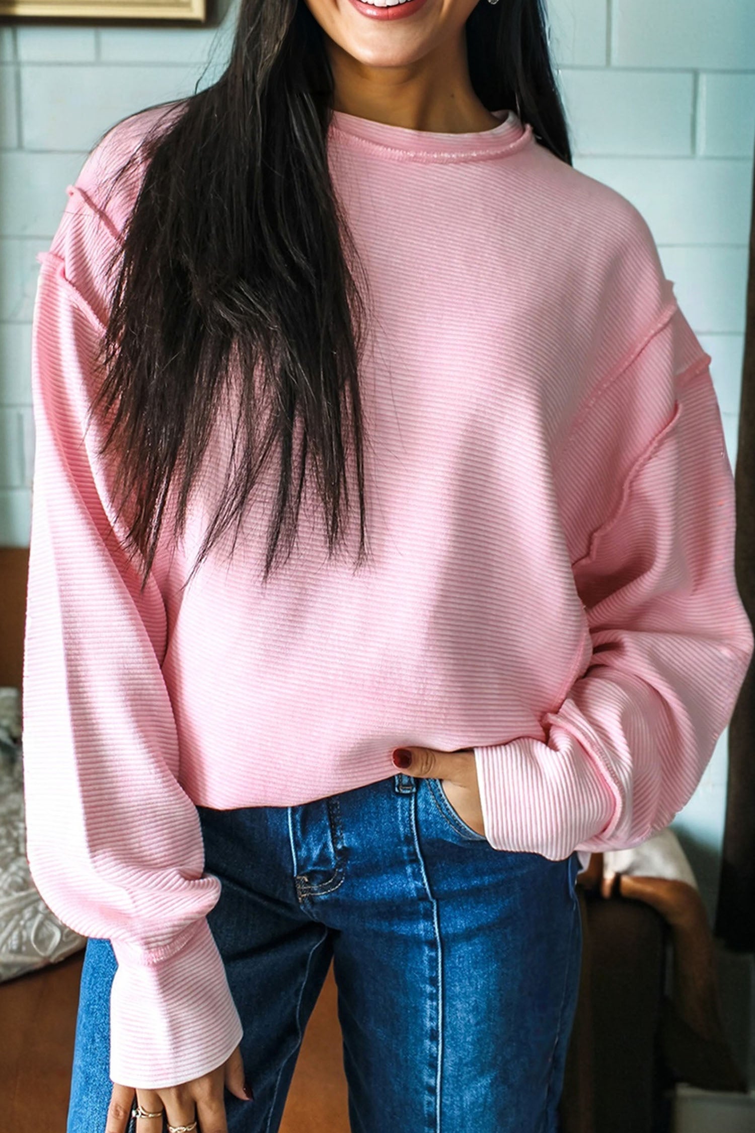 Pink Horizontal Ribbed Exposed Seam Detail Long Sleeve Top-Tops/Long Sleeve Tops-[Adult]-[Female]-2022 Online Blue Zone Planet
