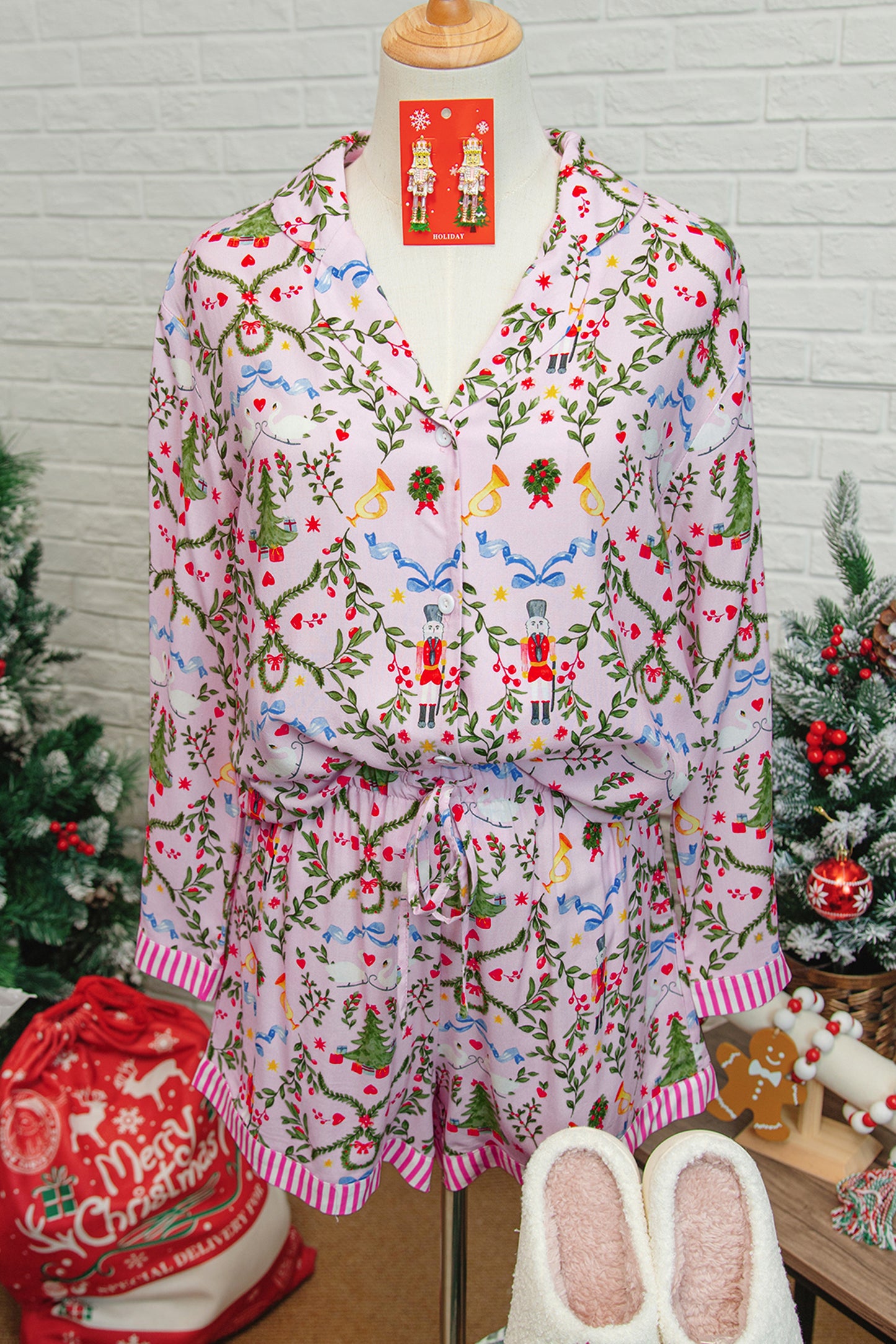 Pink Christmas Holiday Print Nutcracker Long Sleeve Shorts 2pcs Pajama Set-Loungewear & Sleepwear/Sleepwear-[Adult]-[Female]-2022 Online Blue Zone Planet