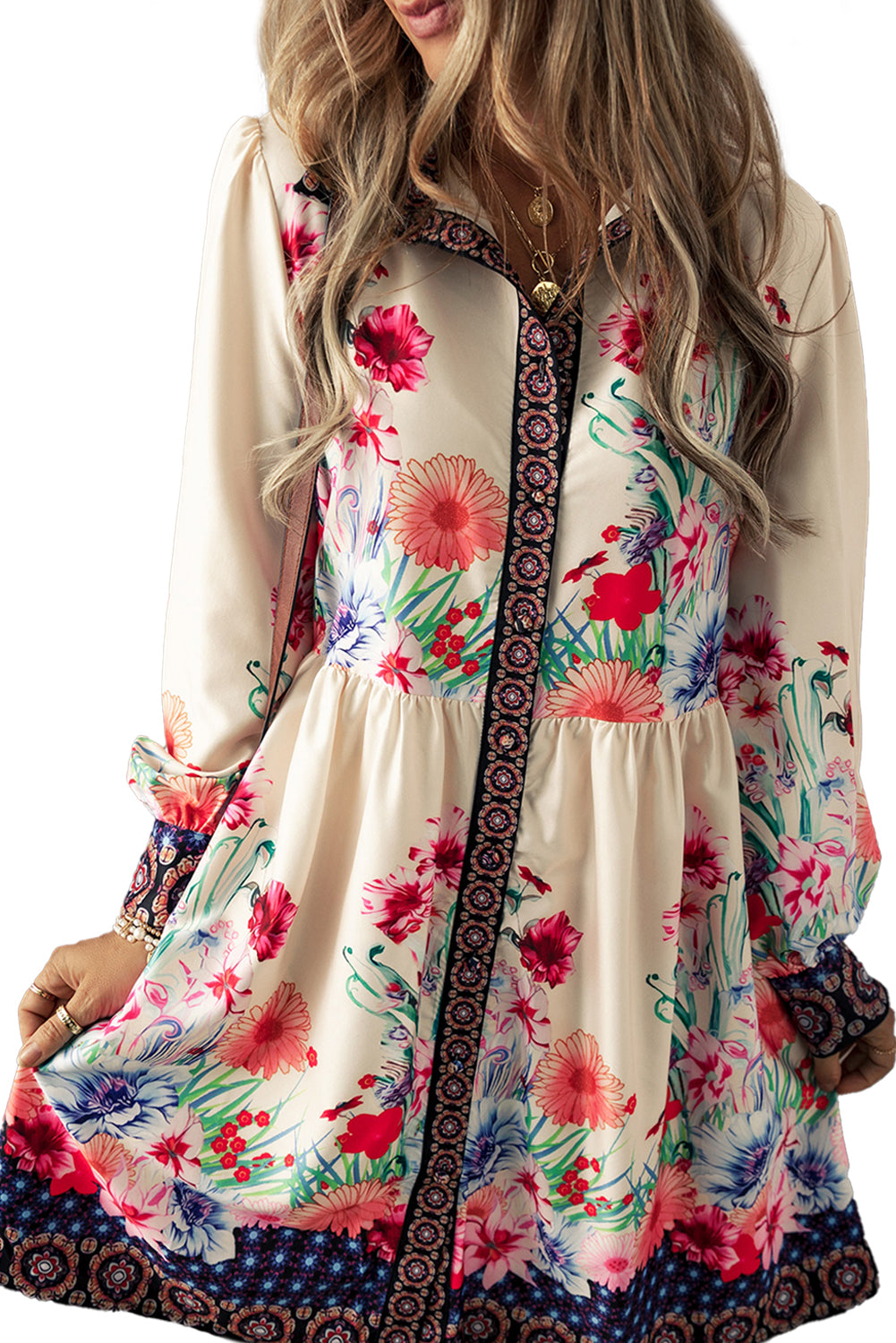 Apricot Floral Print Buttoned High Waist Shirt Mini Dress-Dresses/Mini Dresses-[Adult]-[Female]-2022 Online Blue Zone Planet