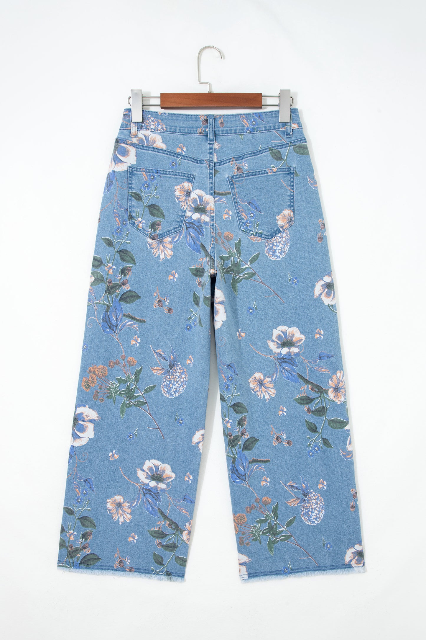 Sky Blue Retro Floral Print Frayed Hem Shift Jeans-Bottoms/Jeans-[Adult]-[Female]-2022 Online Blue Zone Planet