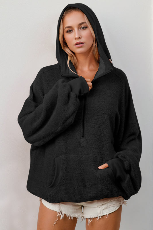 Double Take Half Zip Long Sleeve Hoodie with Kangaroo Pocket-TOPS / DRESSES-[Adult]-[Female]-Black-S-2022 Online Blue Zone Planet