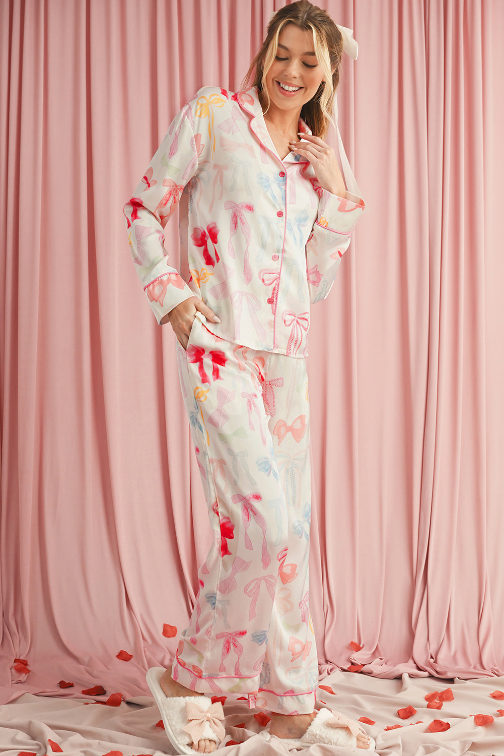 Blue Zone Planet | White Bow Print Lapel Collar Wide Leg Satin Pajama Set-Loungewear Set-[Adult]-[Female]-2022 Online Blue Zone Planet