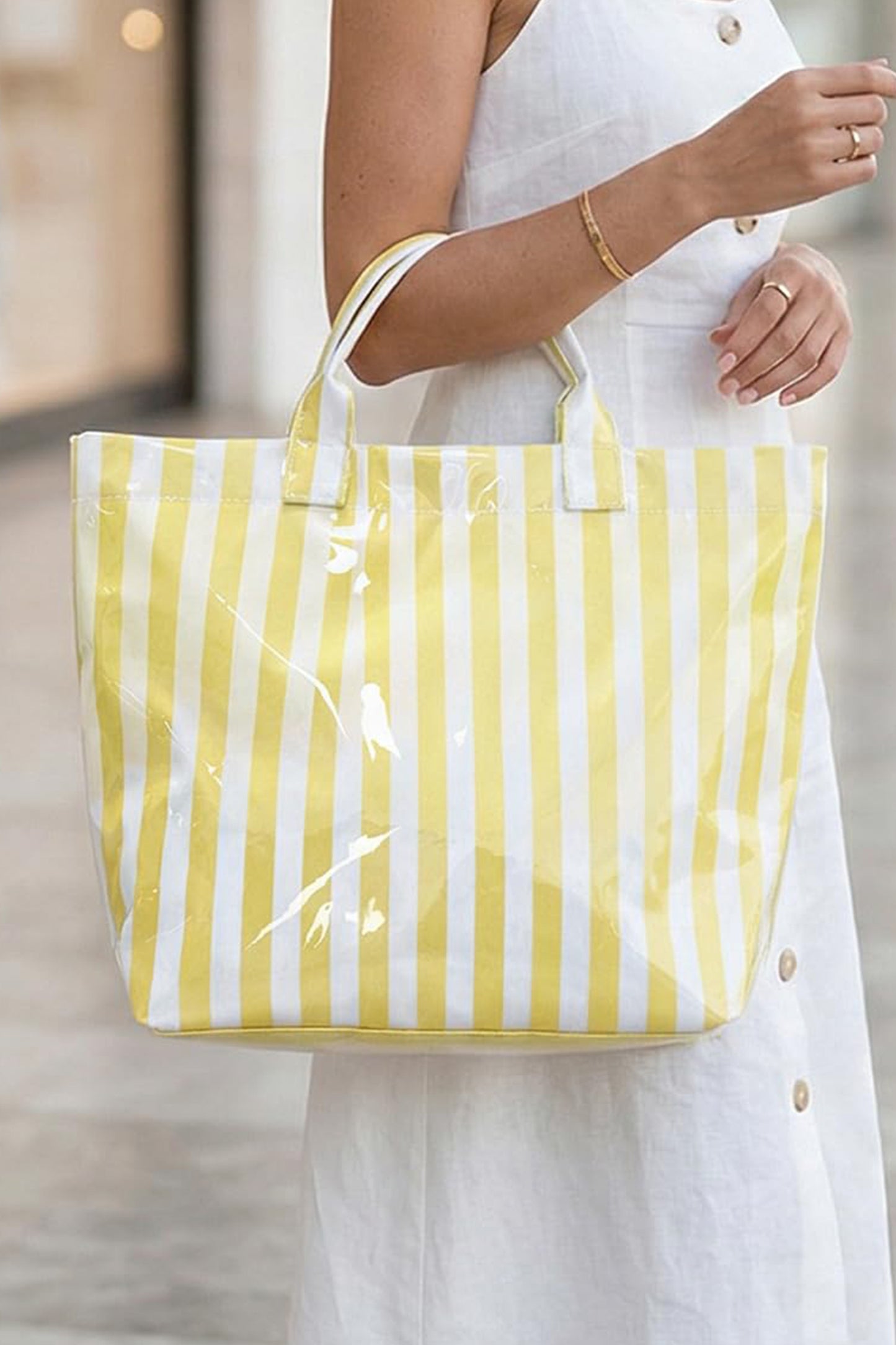 Blackish Green Glossy Striped Vinyl Large Tote Bag-Shoes & Bags/Handbags-[Adult]-[Female]-Yellow Cream-ONE SIZE-2022 Online Blue Zone Planet