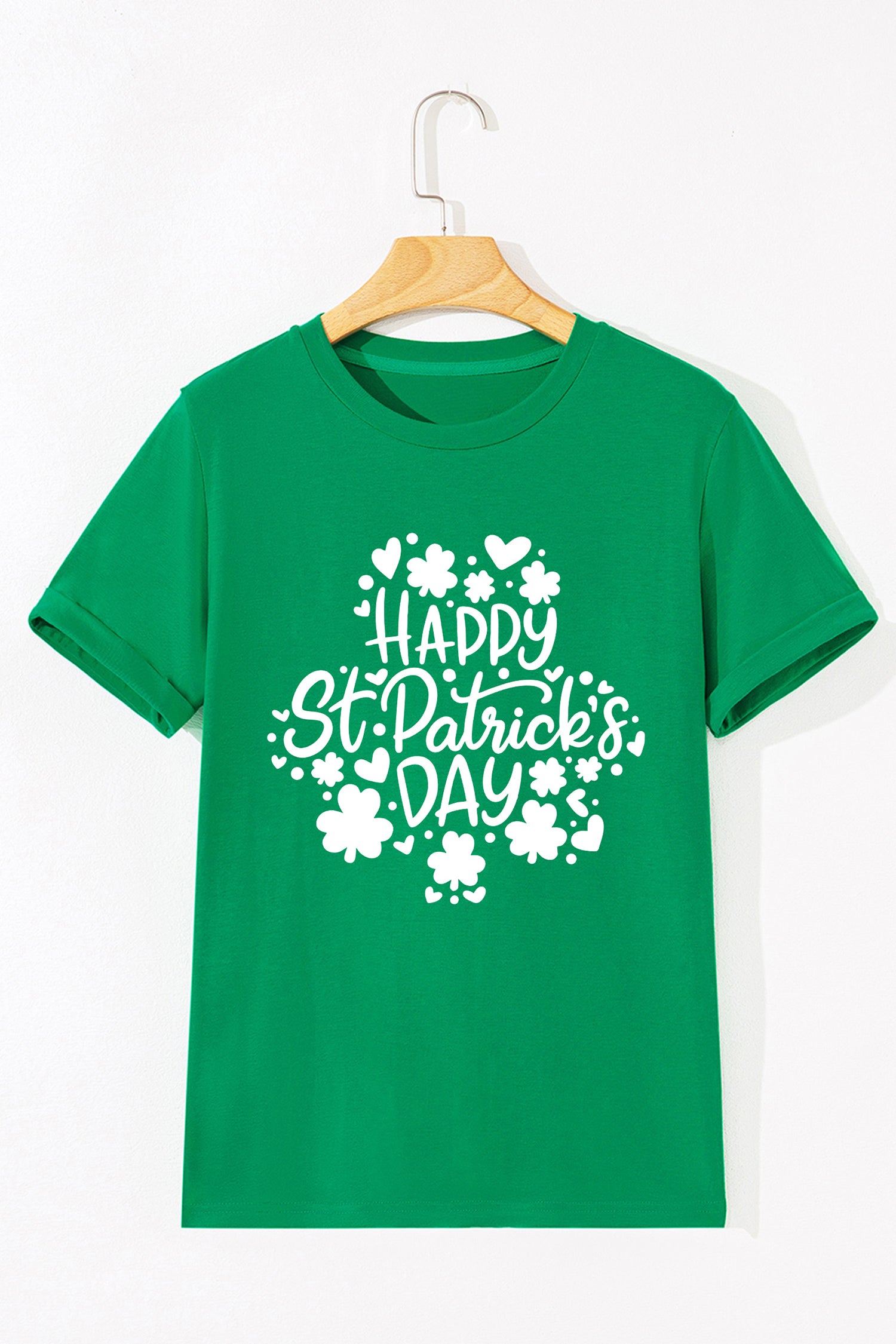 Bright Green Happy St Patricks Day Clover Printed Casual T Shirt-Graphic/Graphic Tees-[Adult]-[Female]-2022 Online Blue Zone Planet