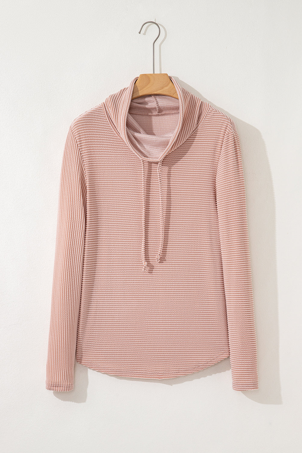Pale Chestnut Horizontal Twist Ribbed Drawstring Cowl Neck Knit Top-Tops/Long Sleeve Tops-[Adult]-[Female]-2022 Online Blue Zone Planet