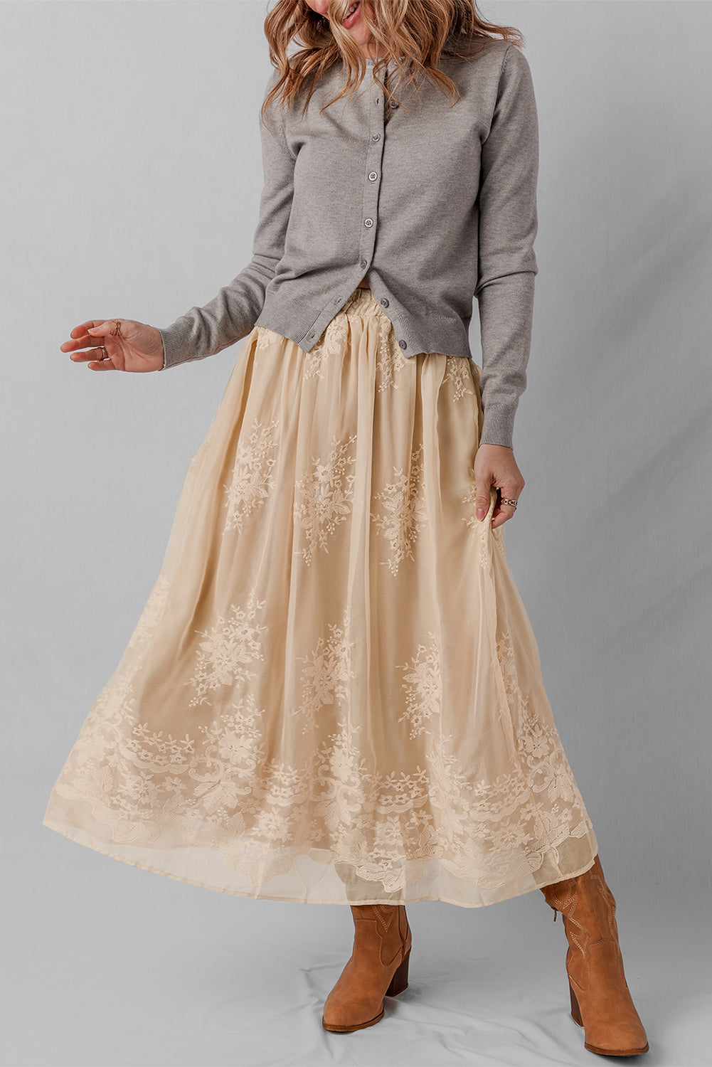 Oatmeal Embroidered Mesh Overlay Flowy Long Skirt-Bottoms/Skirts & Petticoat-[Adult]-[Female]-2022 Online Blue Zone Planet