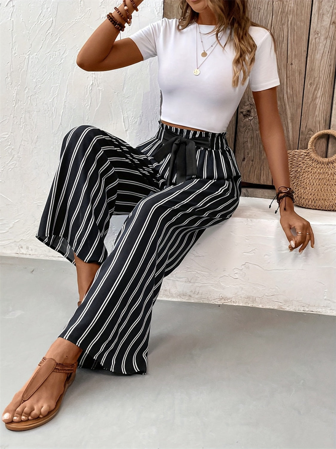 Blue Zone Planet | Striped High Waist Wide Leg Pants-BOTTOMS SIZES SMALL MEDIUM LARGE-[Adult]-[Female]-2022 Online Blue Zone Planet