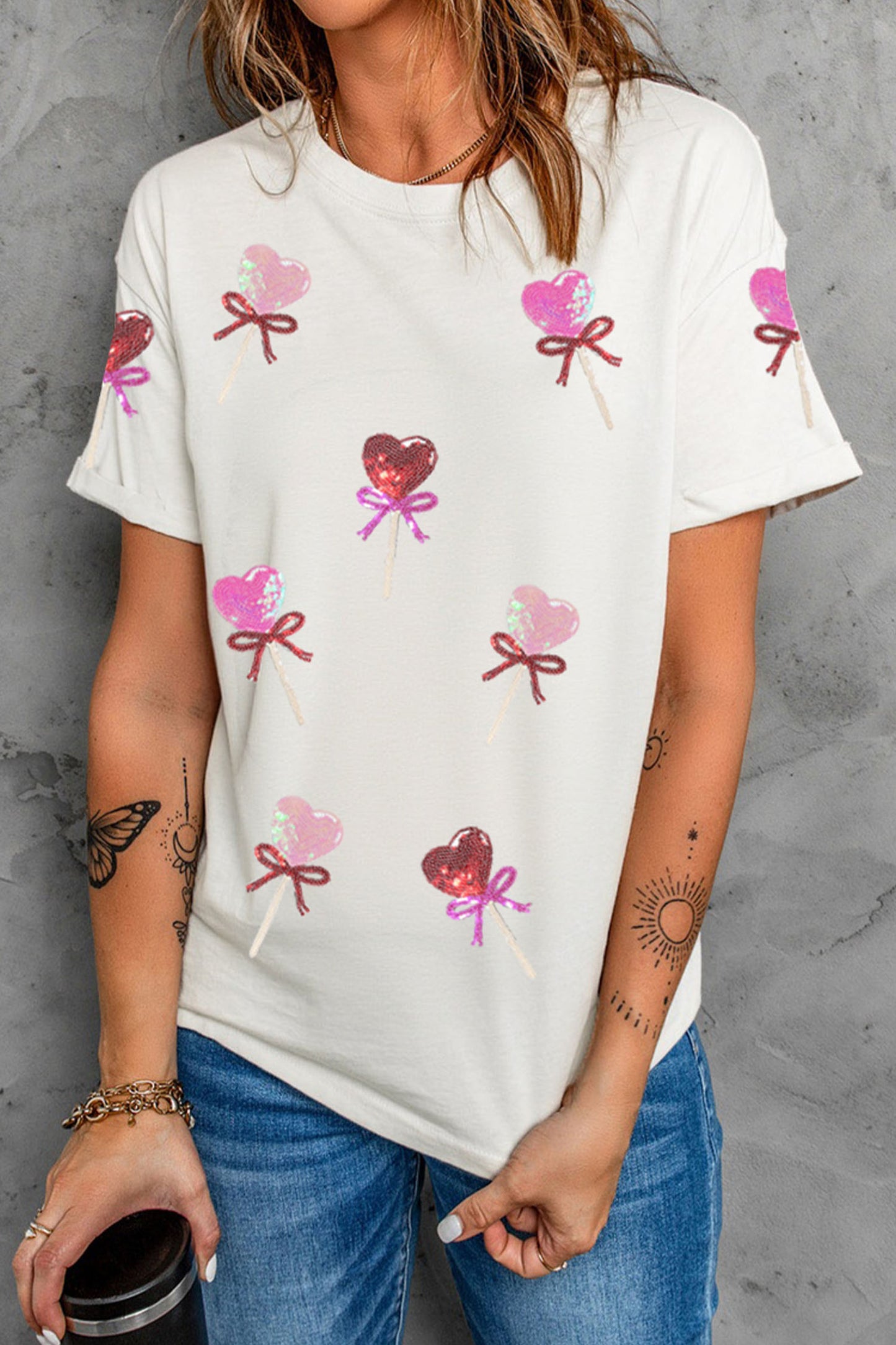 White Sequin Bow Heart Shape Lolly Valentines Day Graphic Tee-Graphic Tees-[Adult]-[Female]-2022 Online Blue Zone Planet