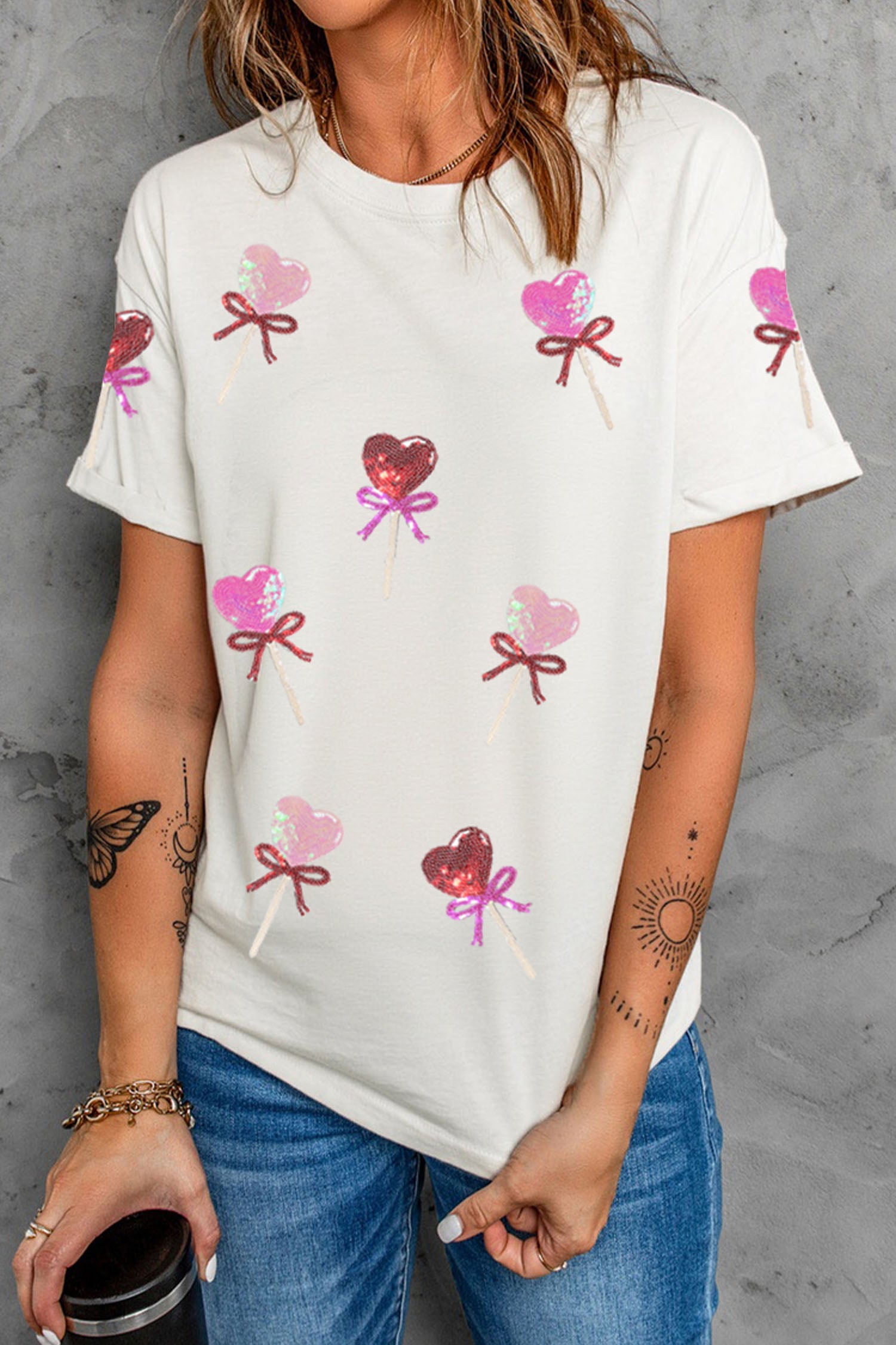 White Sequin Bow Heart Shape Lolly Valentines Day Graphic Tee-Graphic Tees-[Adult]-[Female]-2022 Online Blue Zone Planet