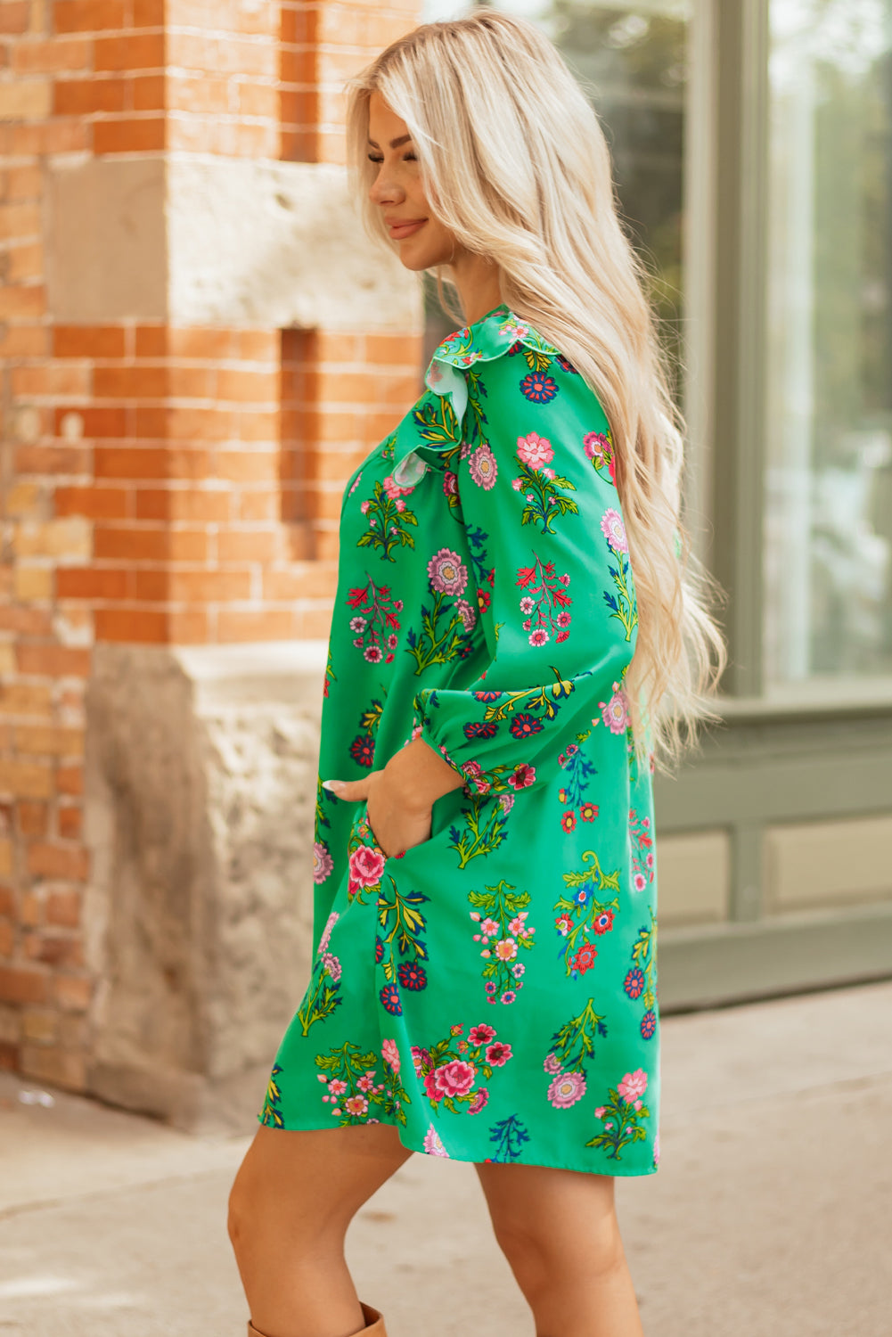 Green Floral Ruffled Three Quarter Sleeve Buttoned Mini Dress-TOPS / DRESSES-[Adult]-[Female]-2022 Online Blue Zone Planet