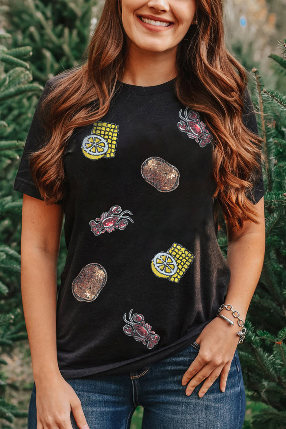 Black Sequin Crawfish Potato Lemon Corn Graphic Crewneck T Shirt-Graphic/Graphic Tees-[Adult]-[Female]-2022 Online Blue Zone Planet
