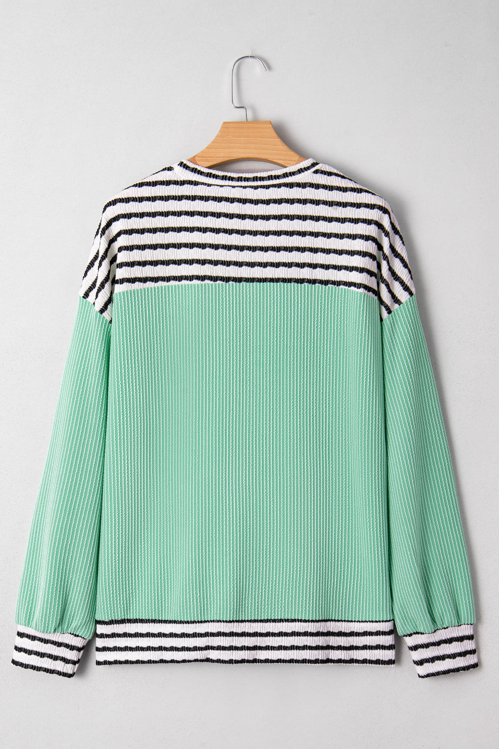 Sea Green Twisted Ribbed Contrast Round Neck Striped Patchwork Long Sleeve Top-Tops/Long Sleeve Tops-[Adult]-[Female]-2022 Online Blue Zone Planet