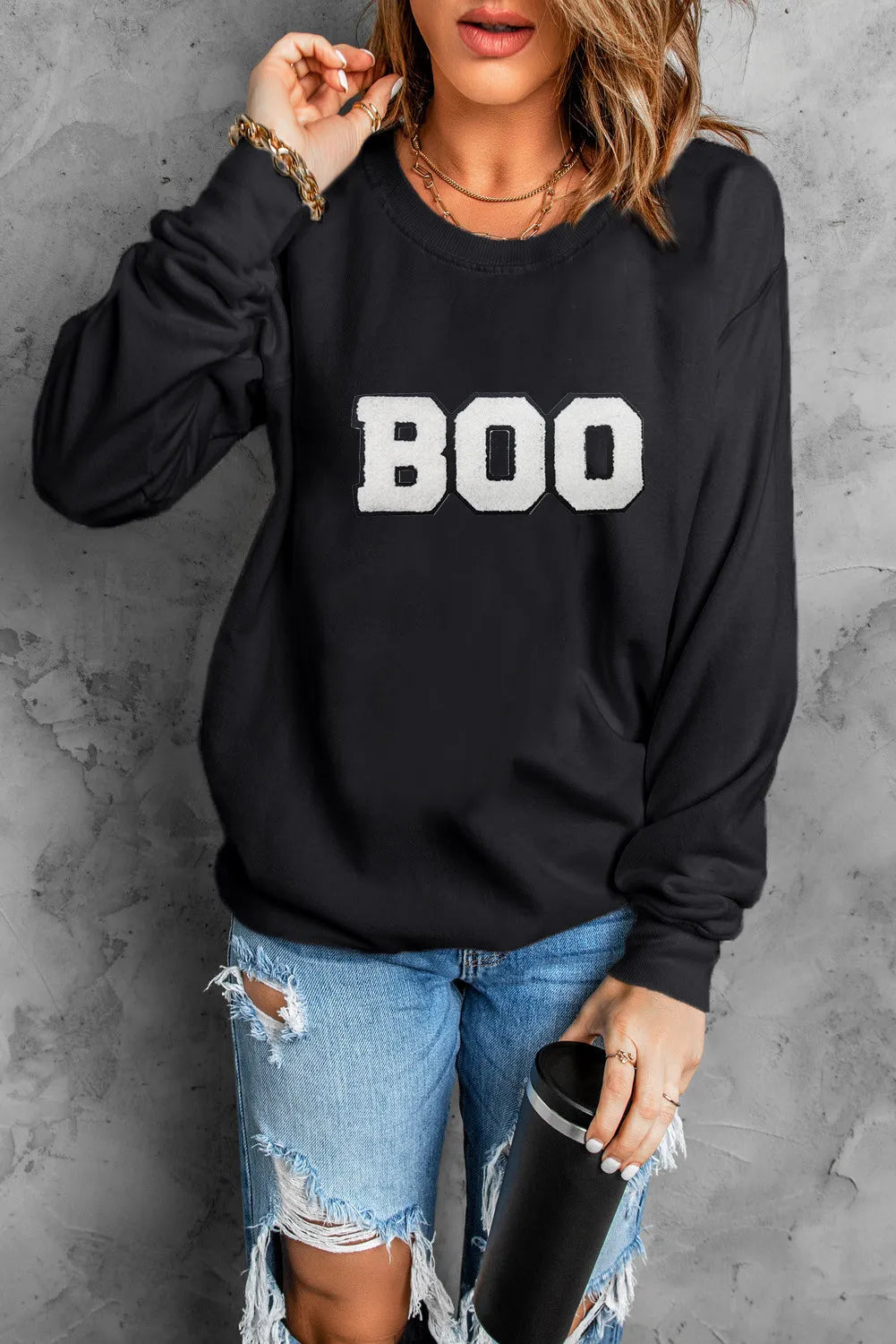 BOO Round Neck Long Sleeve Sweatshirt-TOPS / DRESSES-[Adult]-[Female]-Black-S-2022 Online Blue Zone Planet