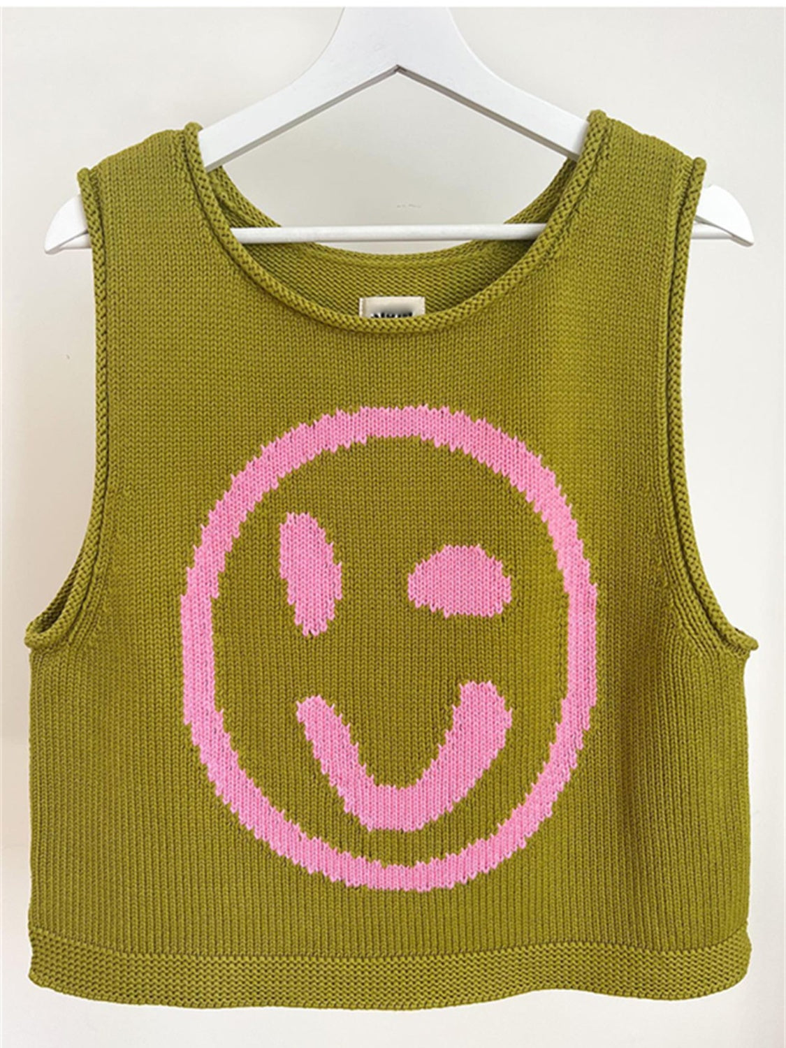 Smiley Round Neck Sweater Vest-TOPS / DRESSES-[Adult]-[Female]-Olive-S-2022 Online Blue Zone Planet