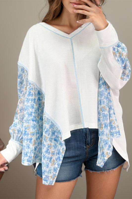 Printed V-Neck Long Sleeve Blouse-TOPS / DRESSES-[Adult]-[Female]-White-S-2022 Online Blue Zone Planet