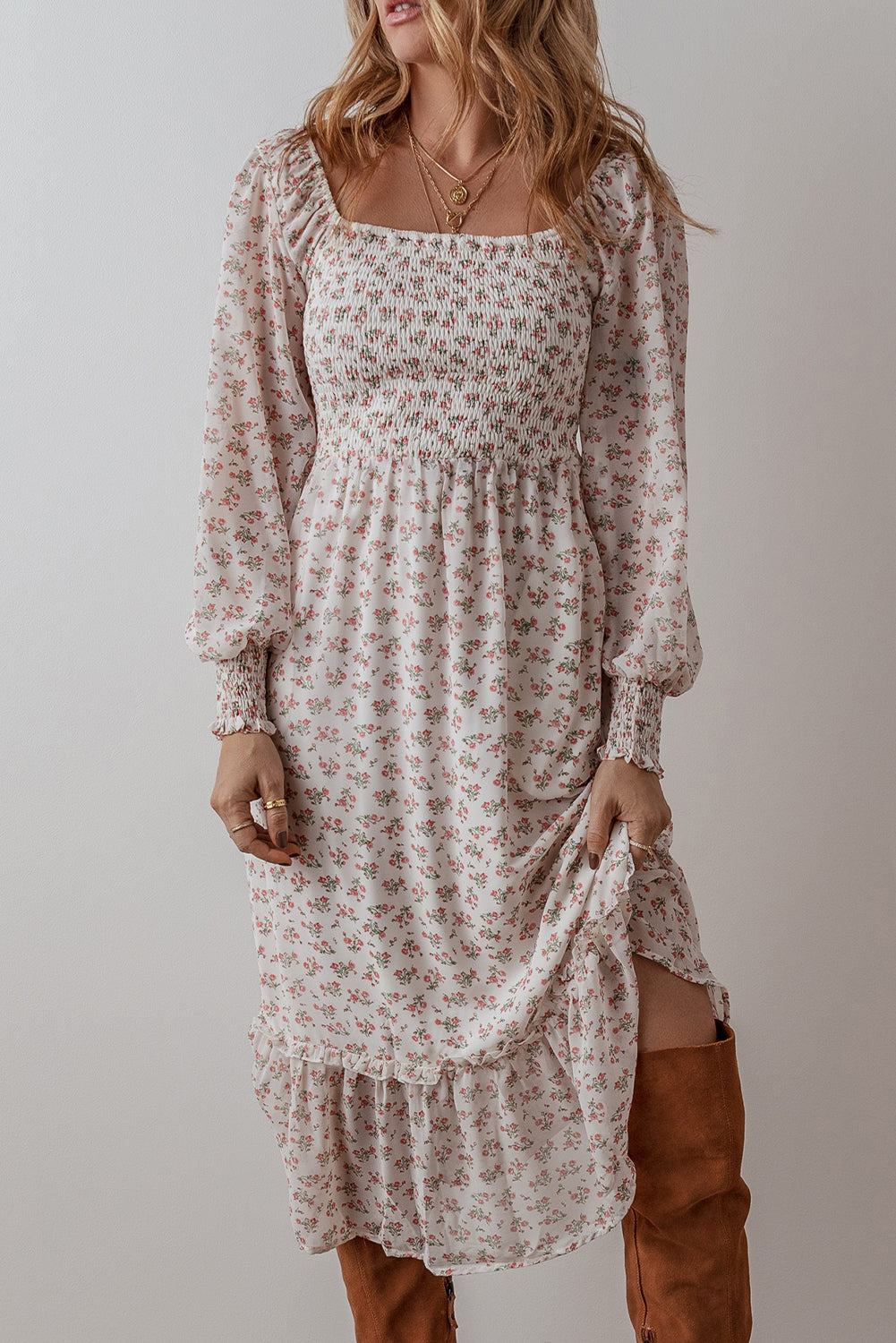 White Floral Print Shirred Ruffled Hem Square Neck Midi Dress-Dresses/Floral Dresses-[Adult]-[Female]-White-S-2022 Online Blue Zone Planet