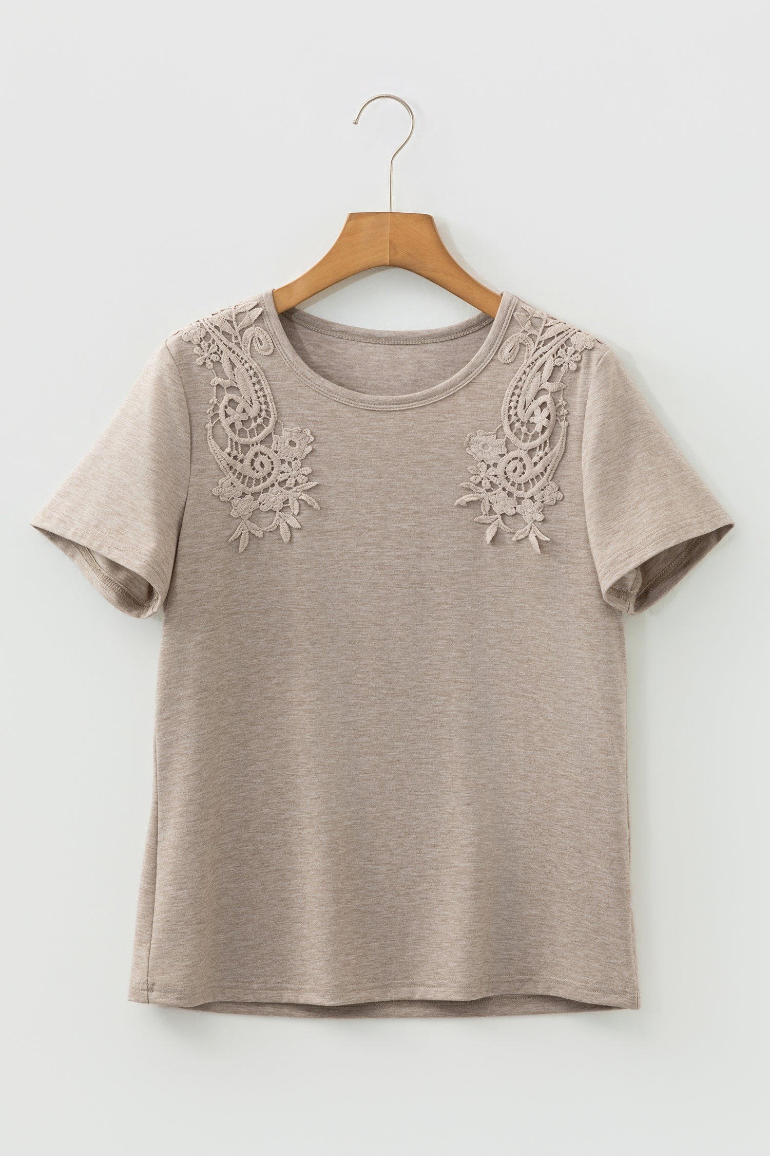 Smoke Gray Solid Color Lace Patched Detail Round Neck Tee-Tops/Tops & Tees-[Adult]-[Female]-2022 Online Blue Zone Planet