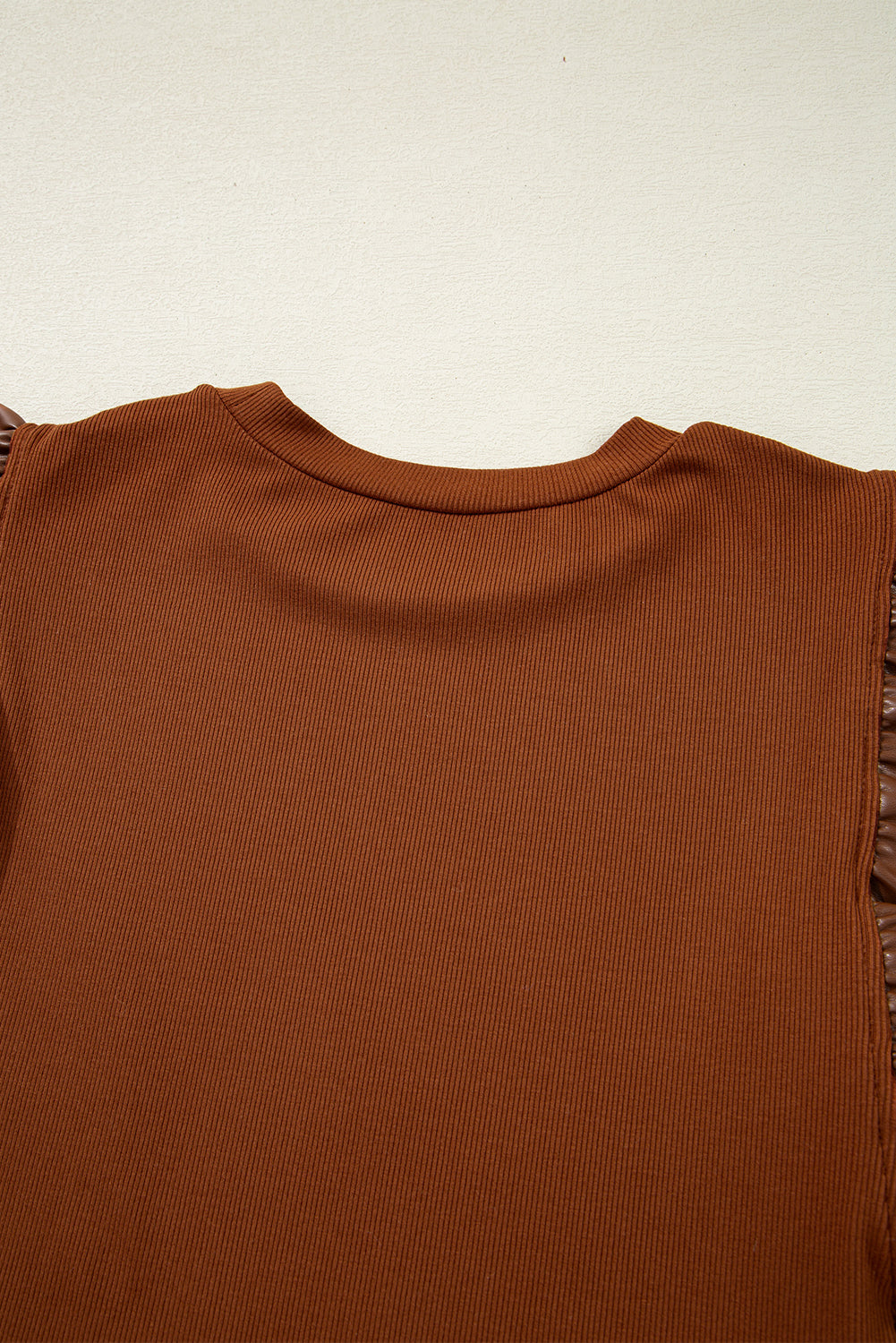 Cinnamon Leather Ruffle Sleeve Patchwork Round Neck Blouse-Tops/Blouses & Shirts-[Adult]-[Female]-2022 Online Blue Zone Planet