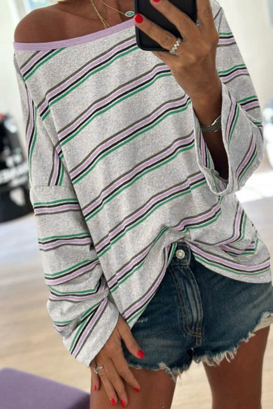 Purple Stripe Oversize Drop Shoulder Long Sleeve Casual Top-Tops/Long Sleeve Tops-[Adult]-[Female]-Purple Stripe-S-2022 Online Blue Zone Planet