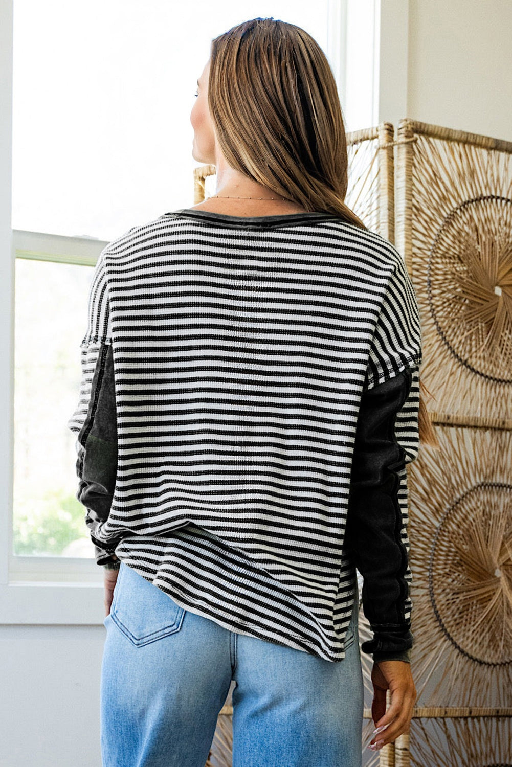 Black Stripe Thermal Knit Drop Shoulder Casual Top-Tops/Long Sleeve Tops-[Adult]-[Female]-2022 Online Blue Zone Planet