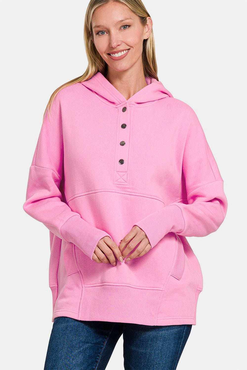 Blue Zone Planet | Zenana Half Snap Long Sleeve Hoodie with Kangaroo Pocket-Tops / Dresses-[Adult]-[Female]-Fuchsia Pink-S/M-2022 Online Blue Zone Planet