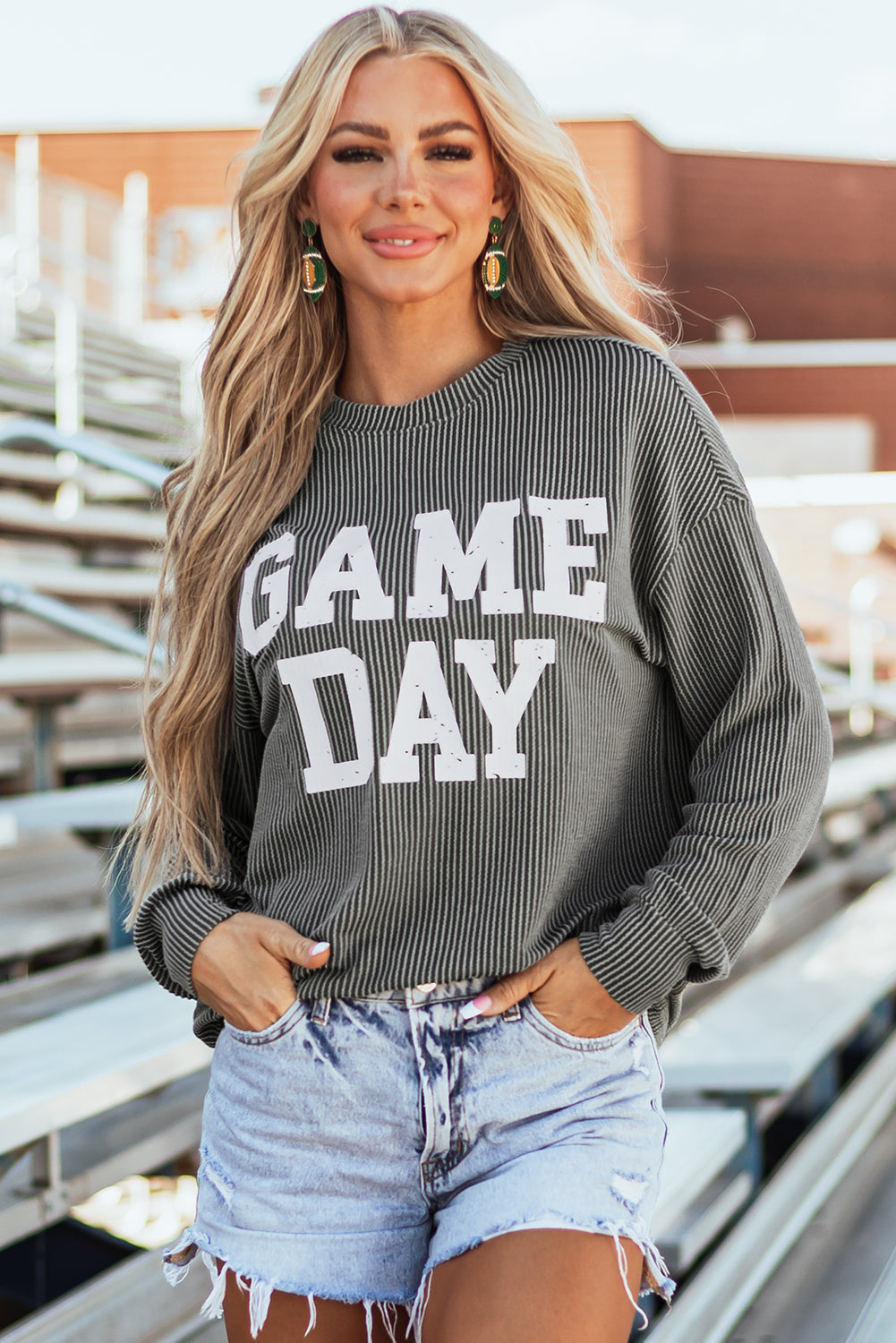 Bluing Corded Game Day Graphic Long Sleeve Crewneck Top