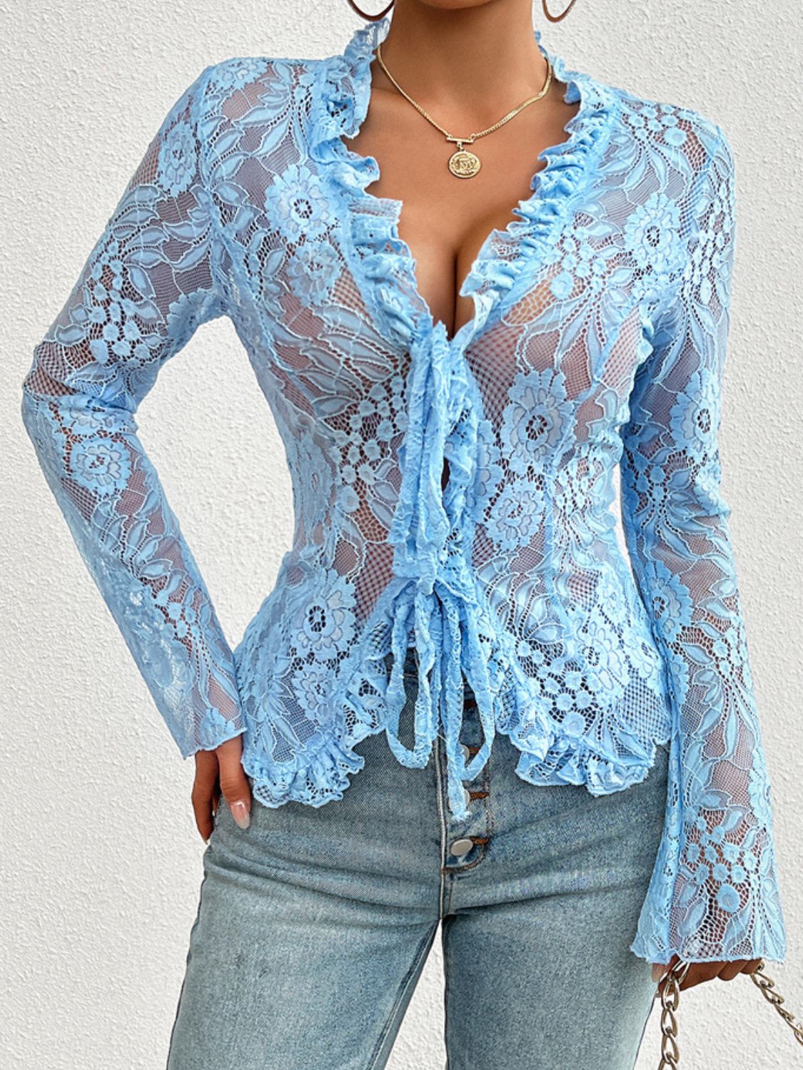 Tied V-Neck Long Sleeve Lace Top-TOPS / DRESSES-[Adult]-[Female]-Light Blue-S-2022 Online Blue Zone Planet