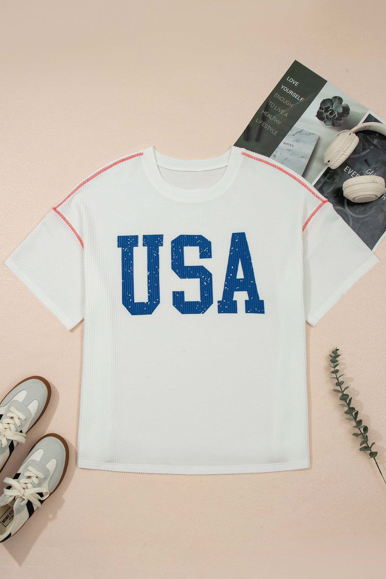 White Plus Size Twisted Rib Vintage USA Letter Printed T Shirt-Plus Size/Plus Size Tops/Plus Size Tops & Tees-[Adult]-[Female]-2022 Online Blue Zone Planet