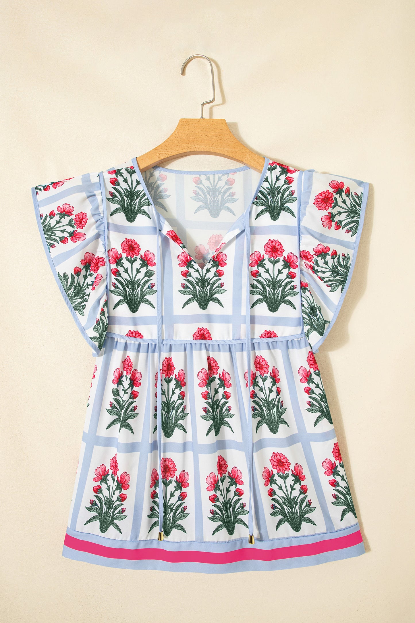 Pink Floral Flutter Sleeve Split V Neck Top