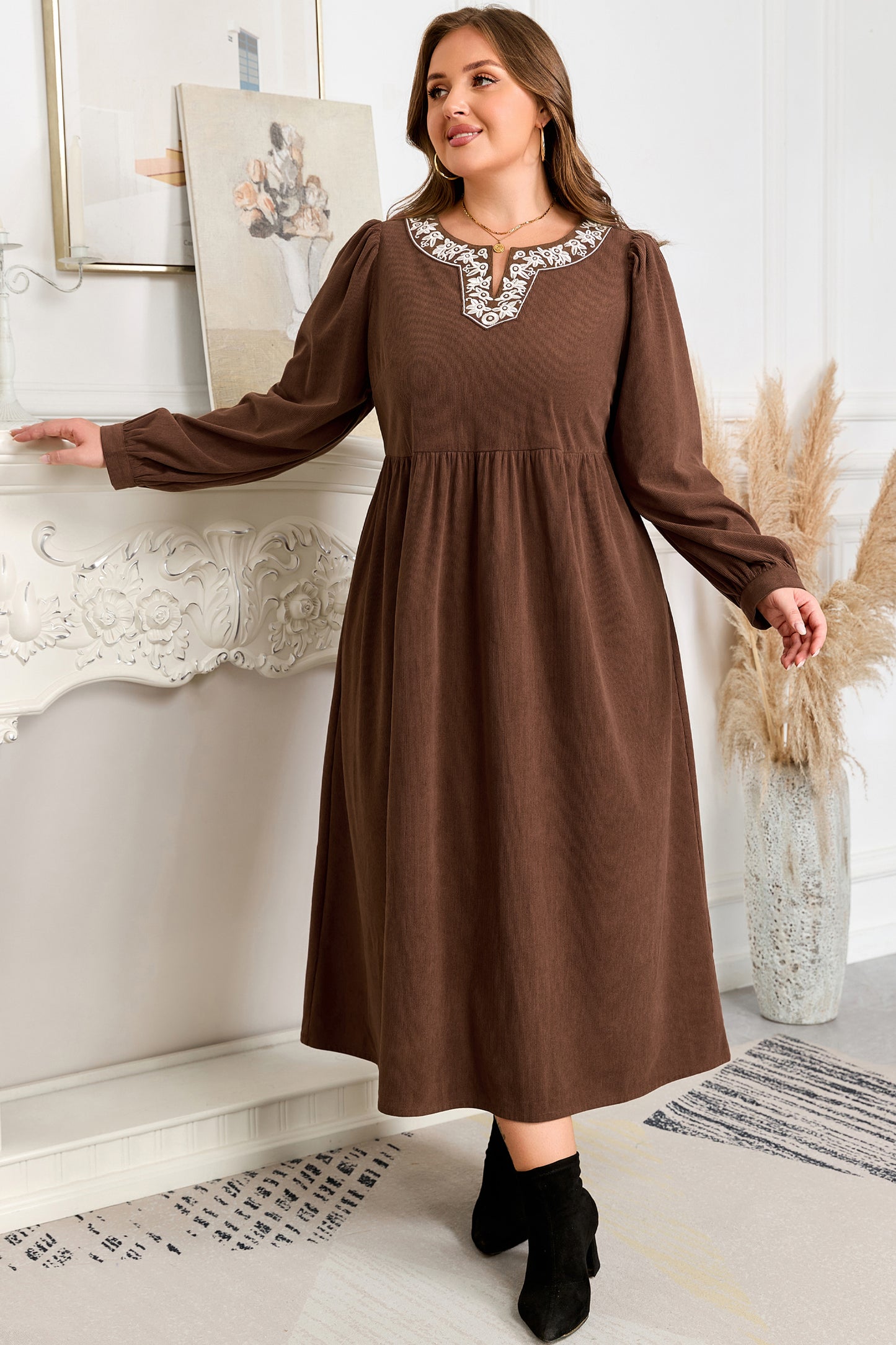 Coffee Embroidered Notched Neckline Textured Pleated High Waist Plus Size Midi Dress-TOPS / DRESSES-[Adult]-[Female]-2022 Online Blue Zone Planet