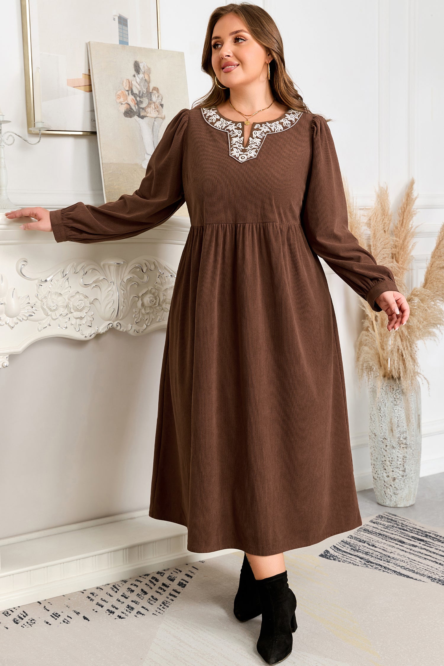 Coffee Embroidered Notched Neckline Textured Pleated High Waist Plus Size Midi Dress-TOPS / DRESSES-[Adult]-[Female]-2022 Online Blue Zone Planet
