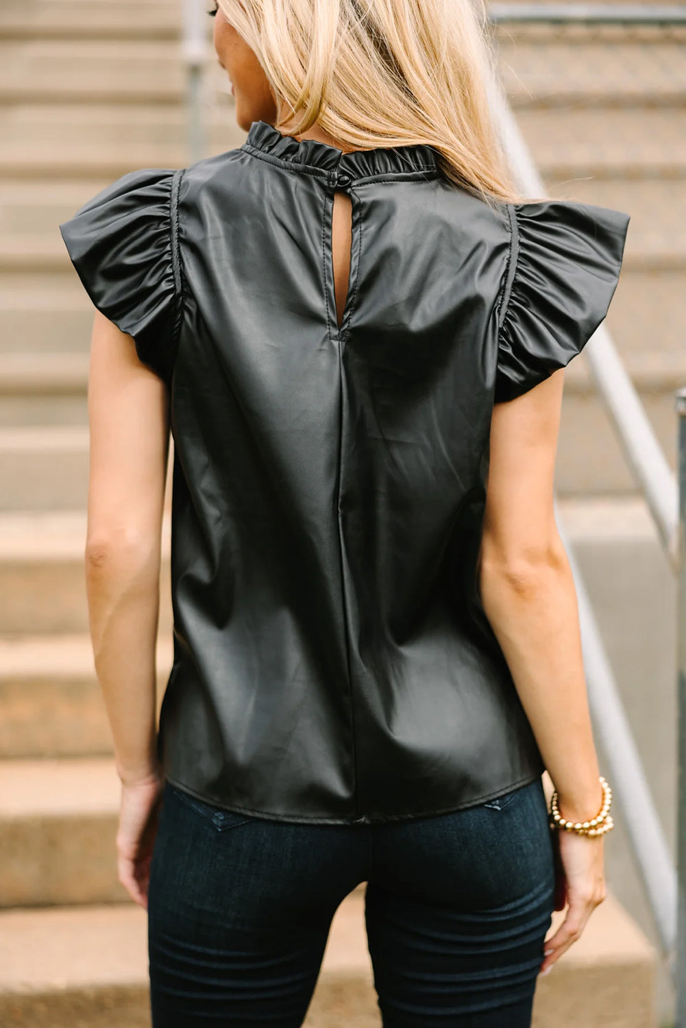 Black PU Leather Frilly Ruffle Trim Blouse-Tops/Blouses & Shirts-[Adult]-[Female]-2022 Online Blue Zone Planet