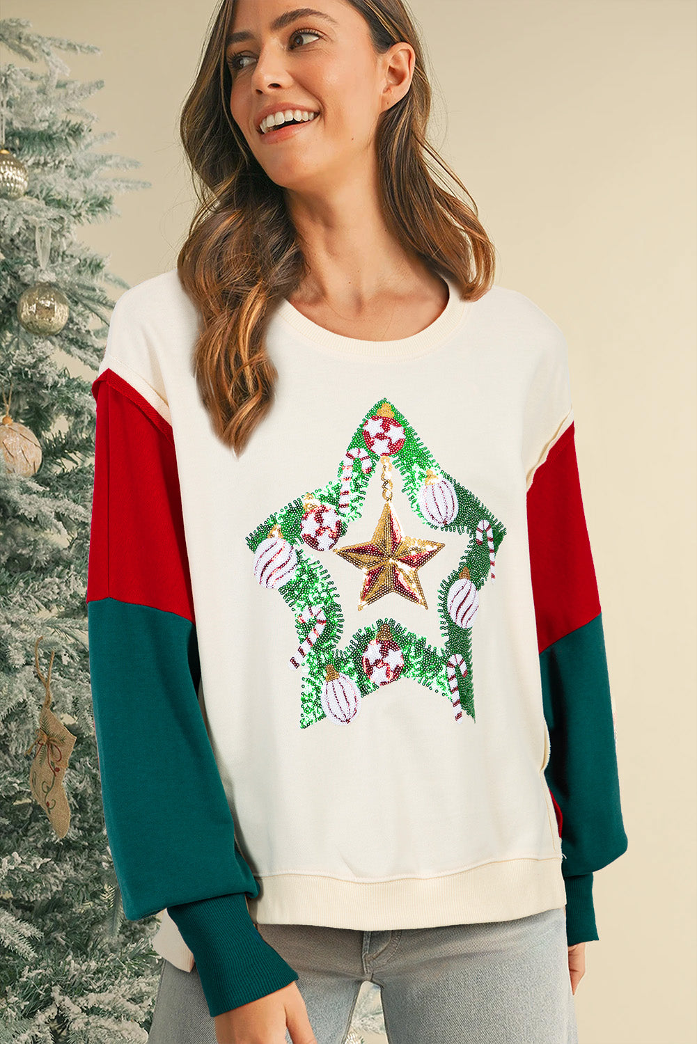 Blue Zone Planet | Apricot Sequin Christmas Star Color Block Sleeve Side Slits Sweatshirt-Sweatshirts & Hoodies-[Adult]-[Female]-2022 Online Blue Zone Planet