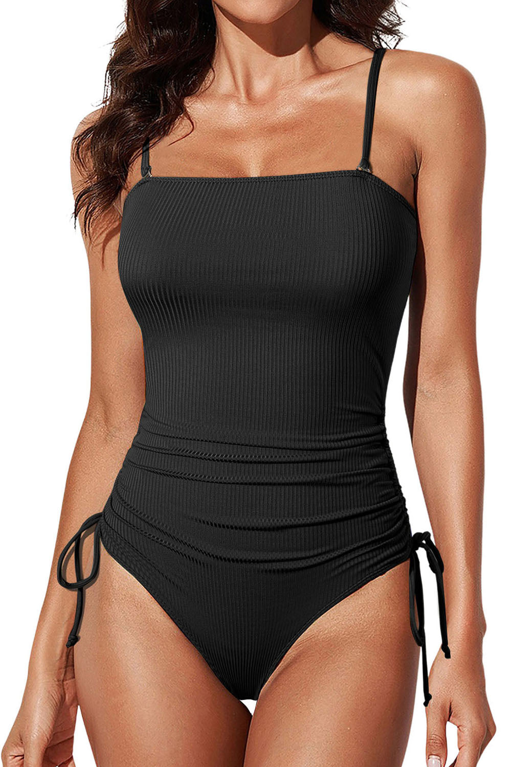 Harriet's Black Ribbed Drawstring Sides Cutout One Piece Swimsuit Blue Zone Planet