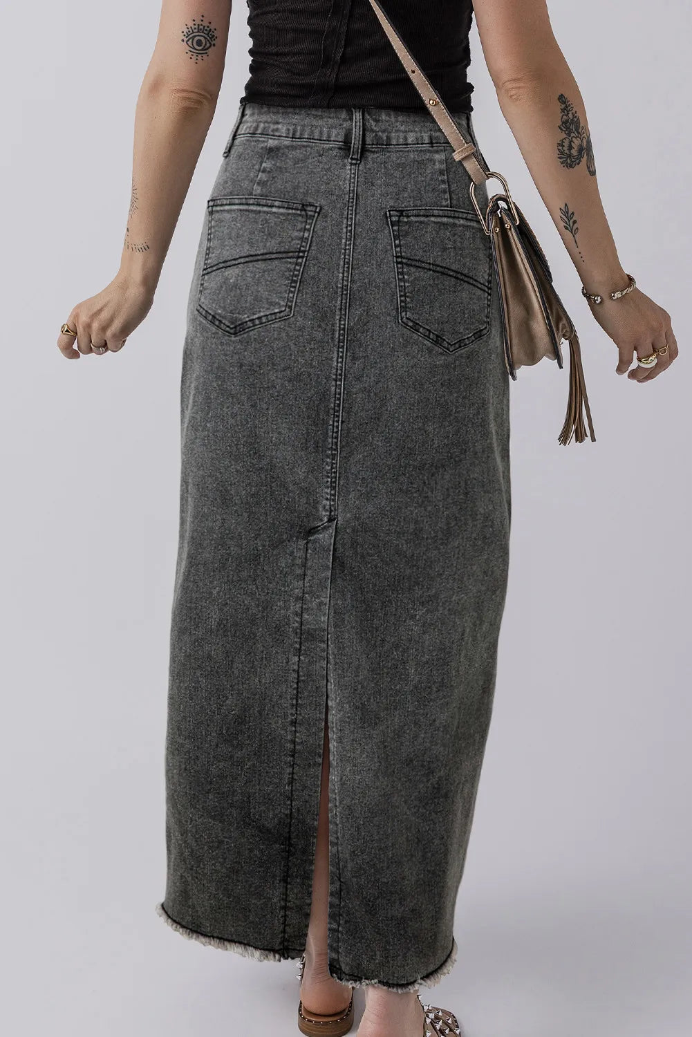 Raw Hem Midi Denim Skirt with Pockets-BOTTOMS SIZES SMALL MEDIUM LARGE-[Adult]-[Female]-2022 Online Blue Zone Planet