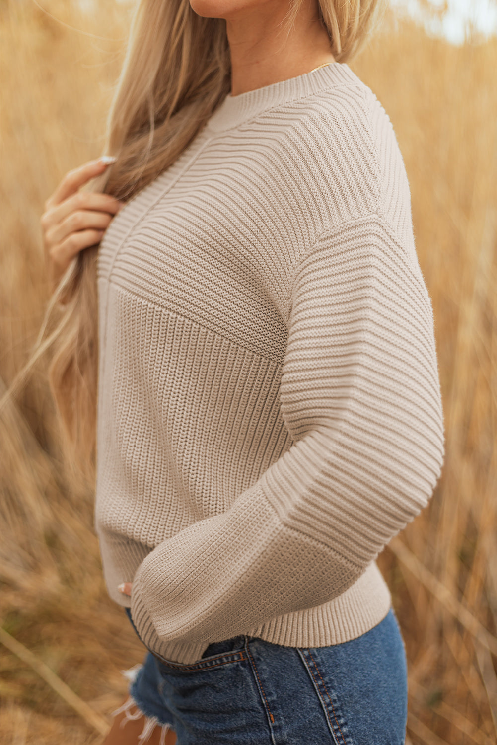 Parchment Mixed Texture Patchwork Knitted Puff Sleeve Sweater-TOPS / DRESSES-[Adult]-[Female]-2022 Online Blue Zone Planet