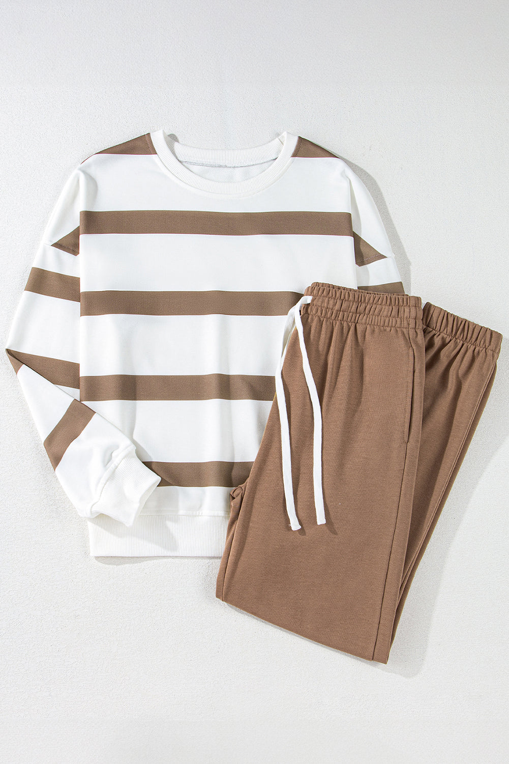Blue Zone Planet | Brown Stripe Striped Drop Shoulder Pullover And Jogger Pants Set-Two Piece Sets/Pant Sets-[Adult]-[Female]-2022 Online Blue Zone Planet
