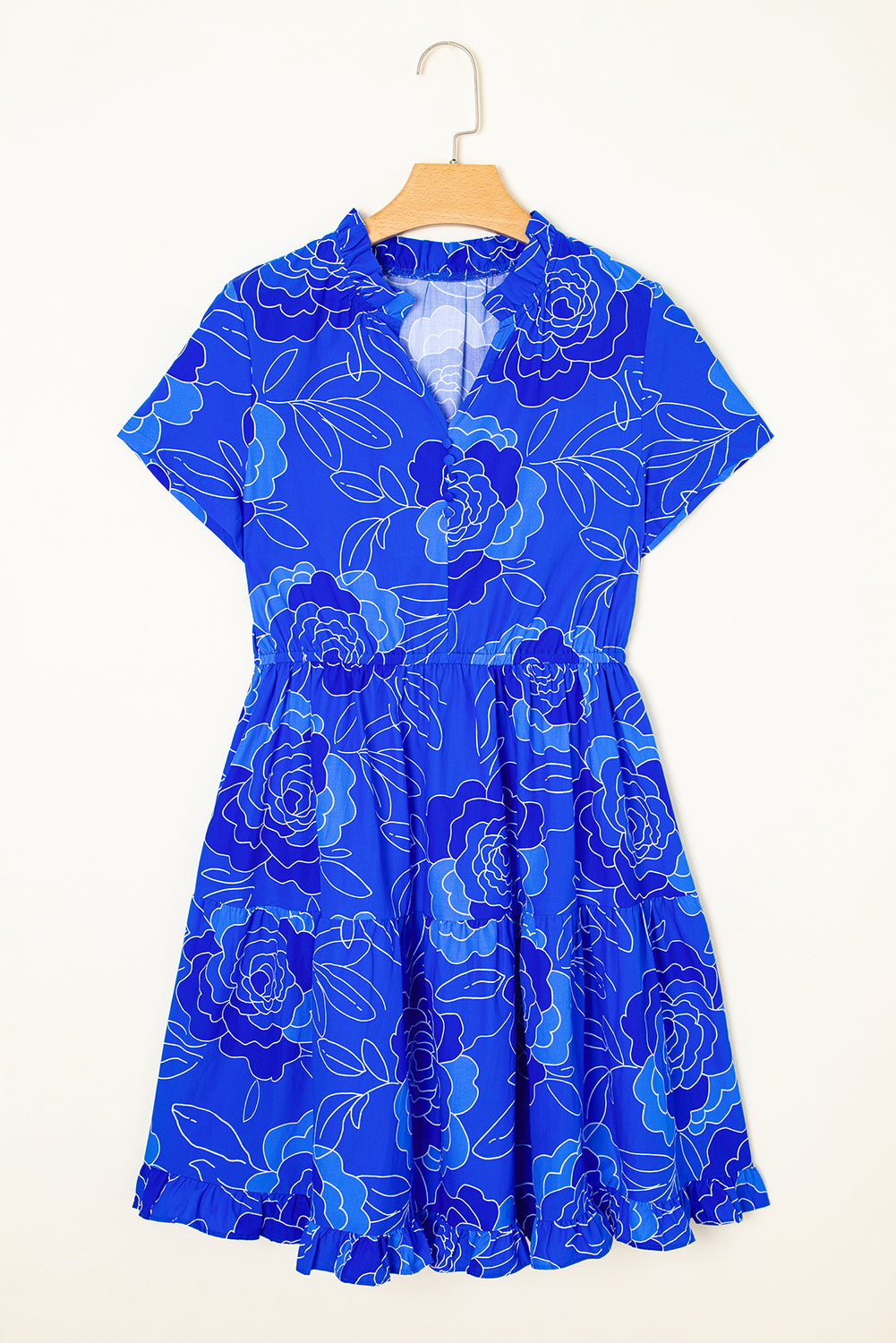 Blue Floral Ruffled Hem V Neck Short Sleeve Flowy Mini Dress-Dresses/Floral Dresses-[Adult]-[Female]-2022 Online Blue Zone Planet
