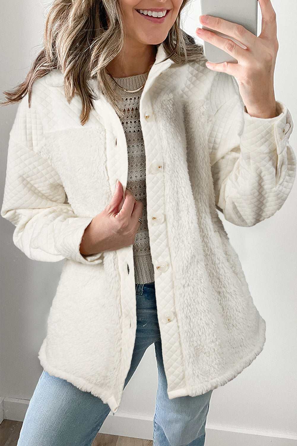 White Solid Color Quilted Sherpa Patchwork Button Up Shacket-Outerwear/Jackets-[Adult]-[Female]-White-S-2022 Online Blue Zone Planet