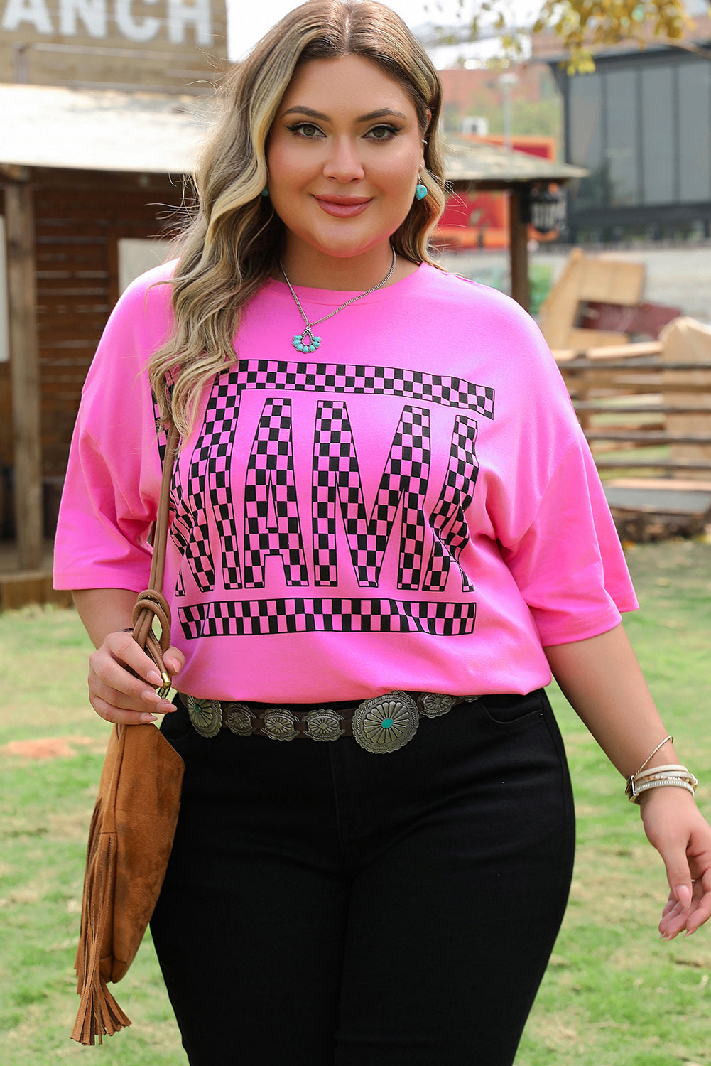 Bright Pink Checker Mama Letter Printed Graphic Plus Size T Shirt-Plus Size/Plus Size Tops/Plus Size Tops & Tees-[Adult]-[Female]-2022 Online Blue Zone Planet
